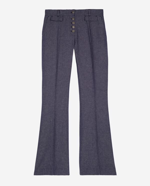 The Kooples FEMME BLUE pantalon flare en coton et lin bleu