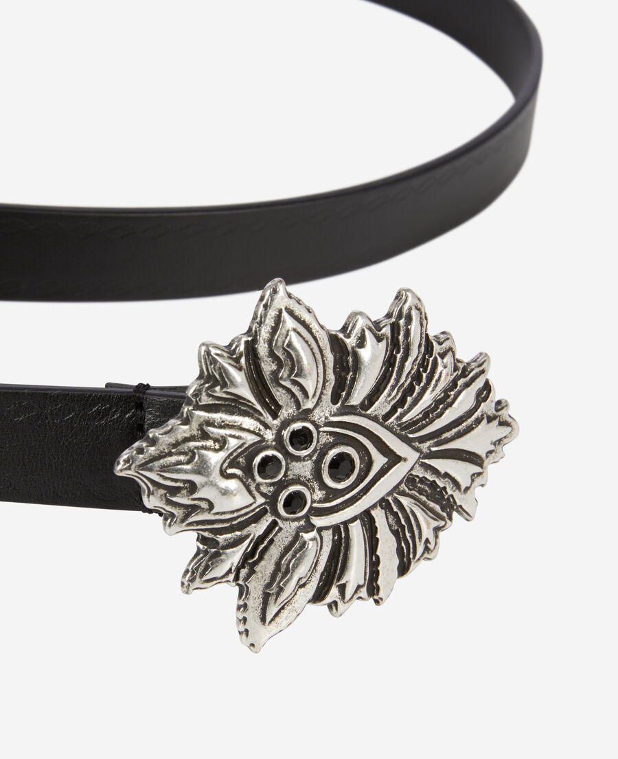 thin black leather belt with flower buckle