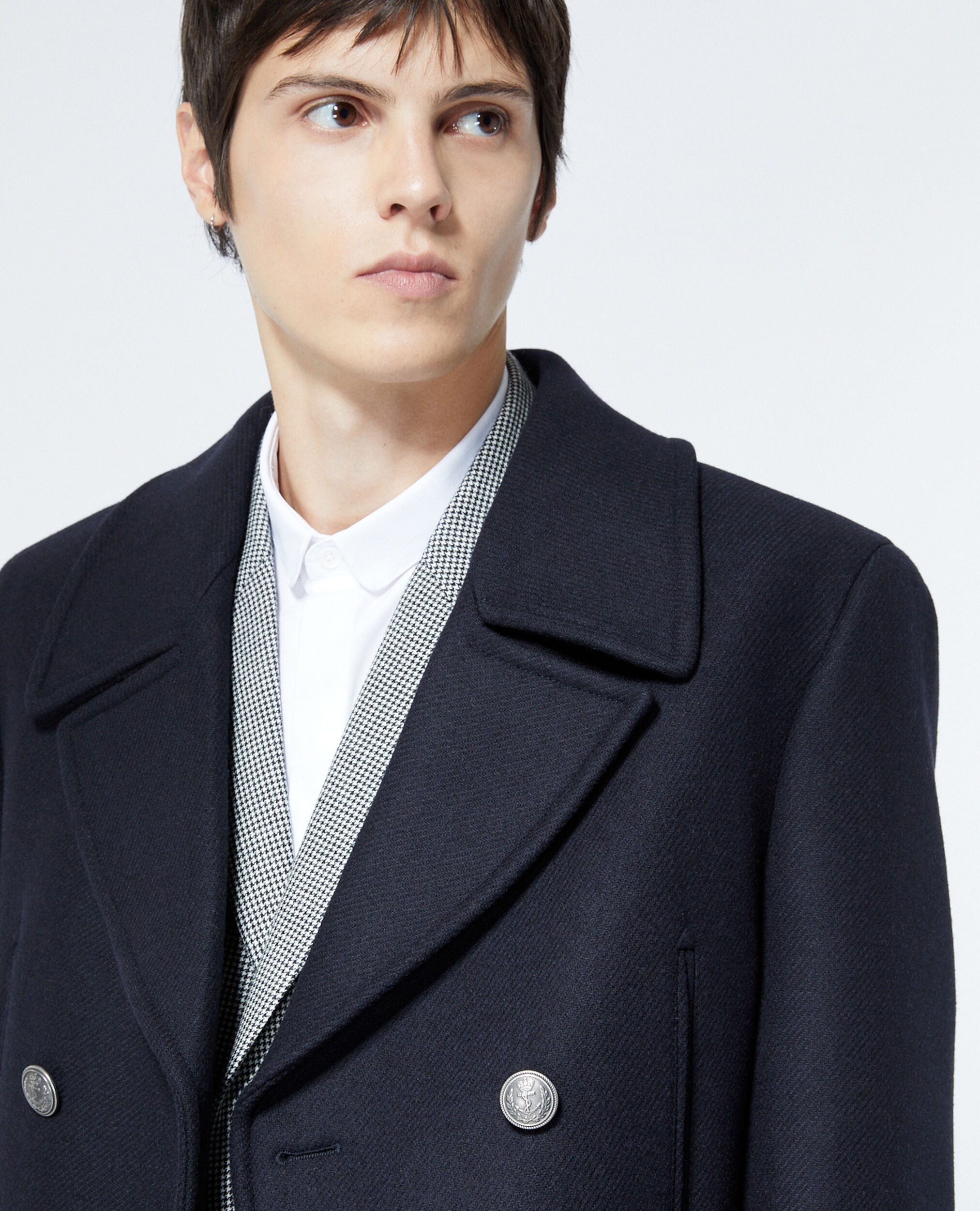 Navy blue wool pea coat with black buttons The Kooples