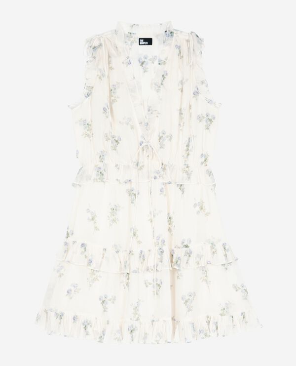 The Kooples FEMME WHITE / SKY BLUE robe courte avec volants imprimé fleuri blanc