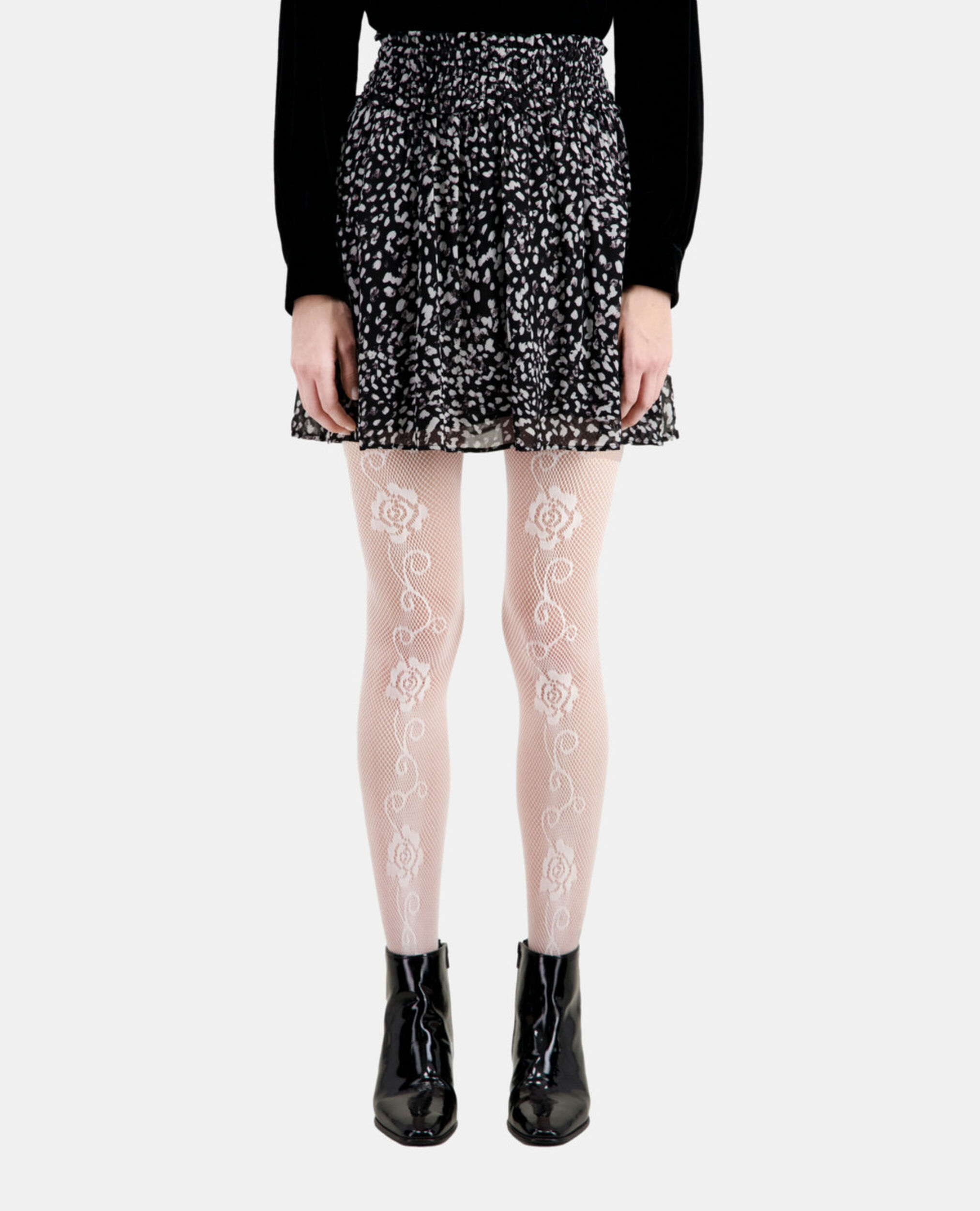 Short printed skirt with smocking, BLACK WHITE, hi-res image number null