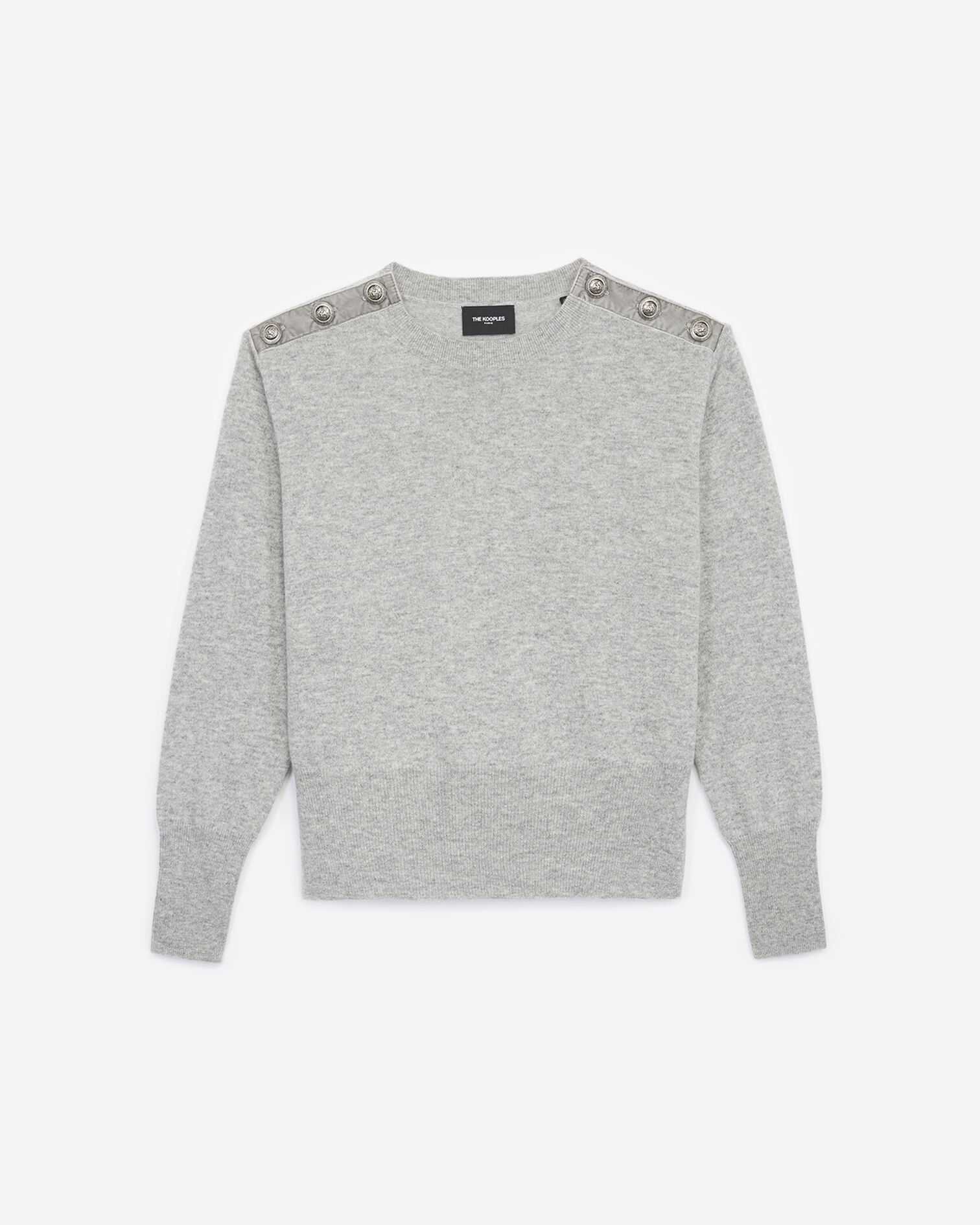 Grey wool crew-neck sweater w/buttons+chain, GREY, hi-res image number null