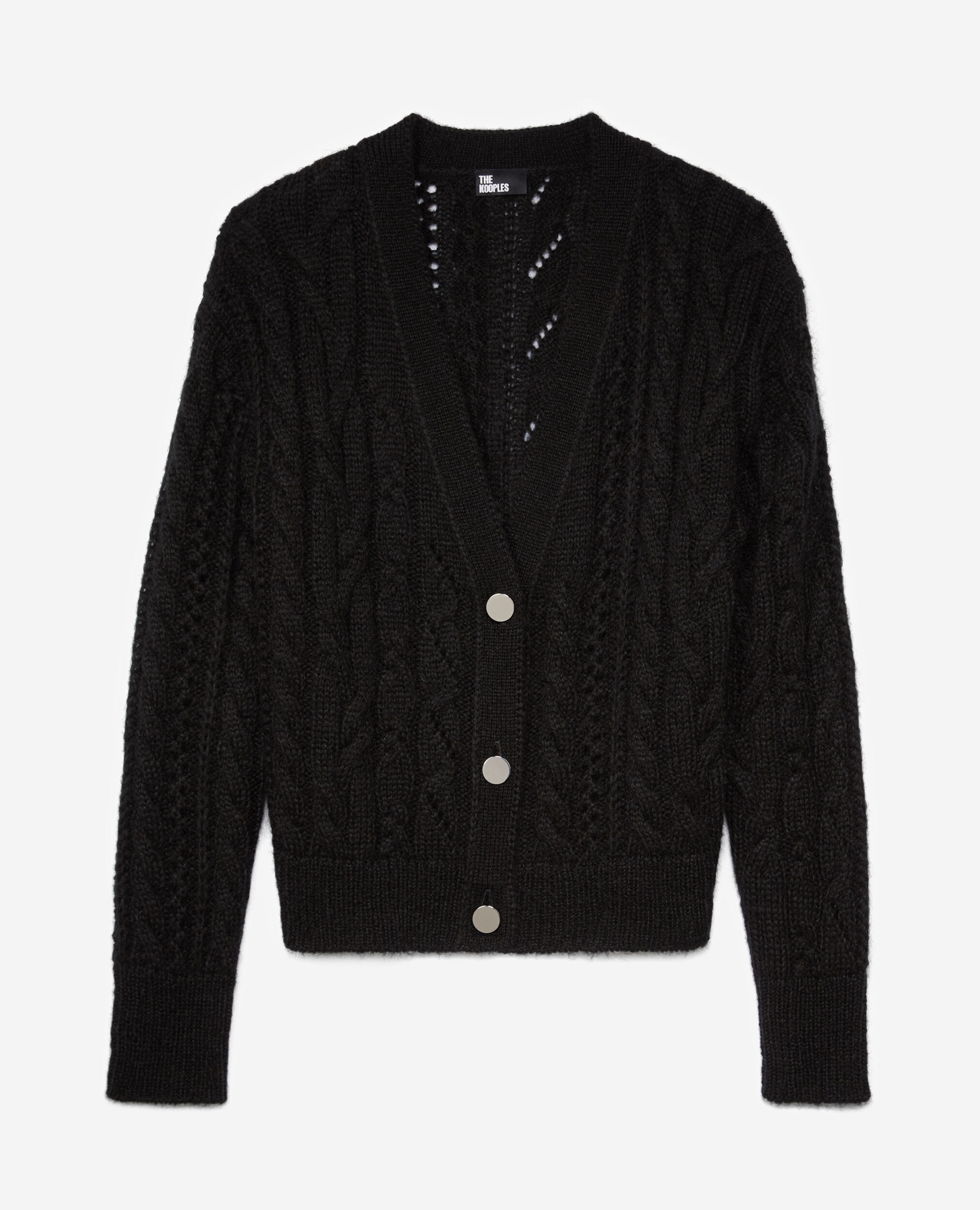 Black cable-knit wool-blend cardigan, BLACK, hi-res image number null