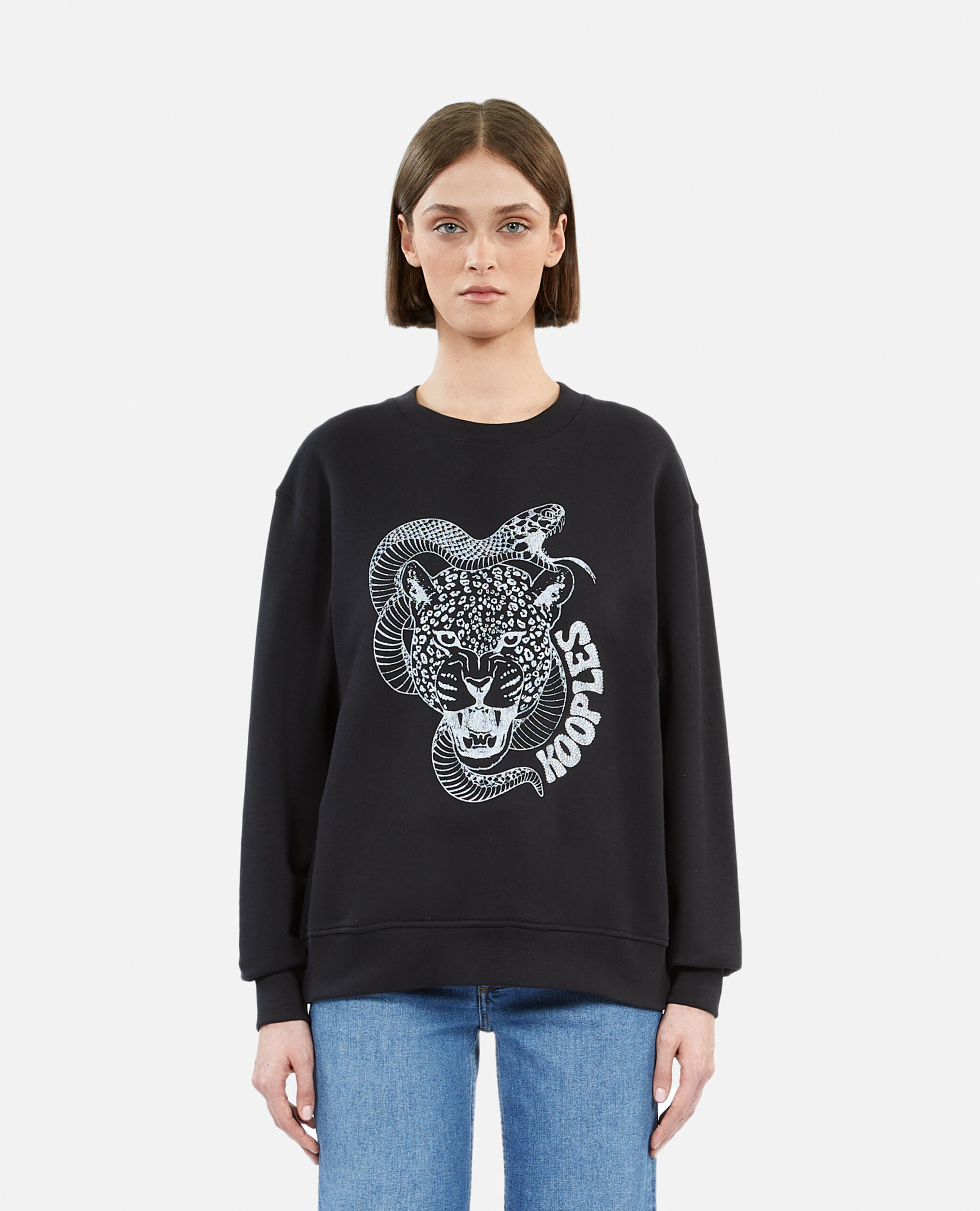 Black sweatshirt with Snake leopard serigraphy, BLACK, hi-res image number null