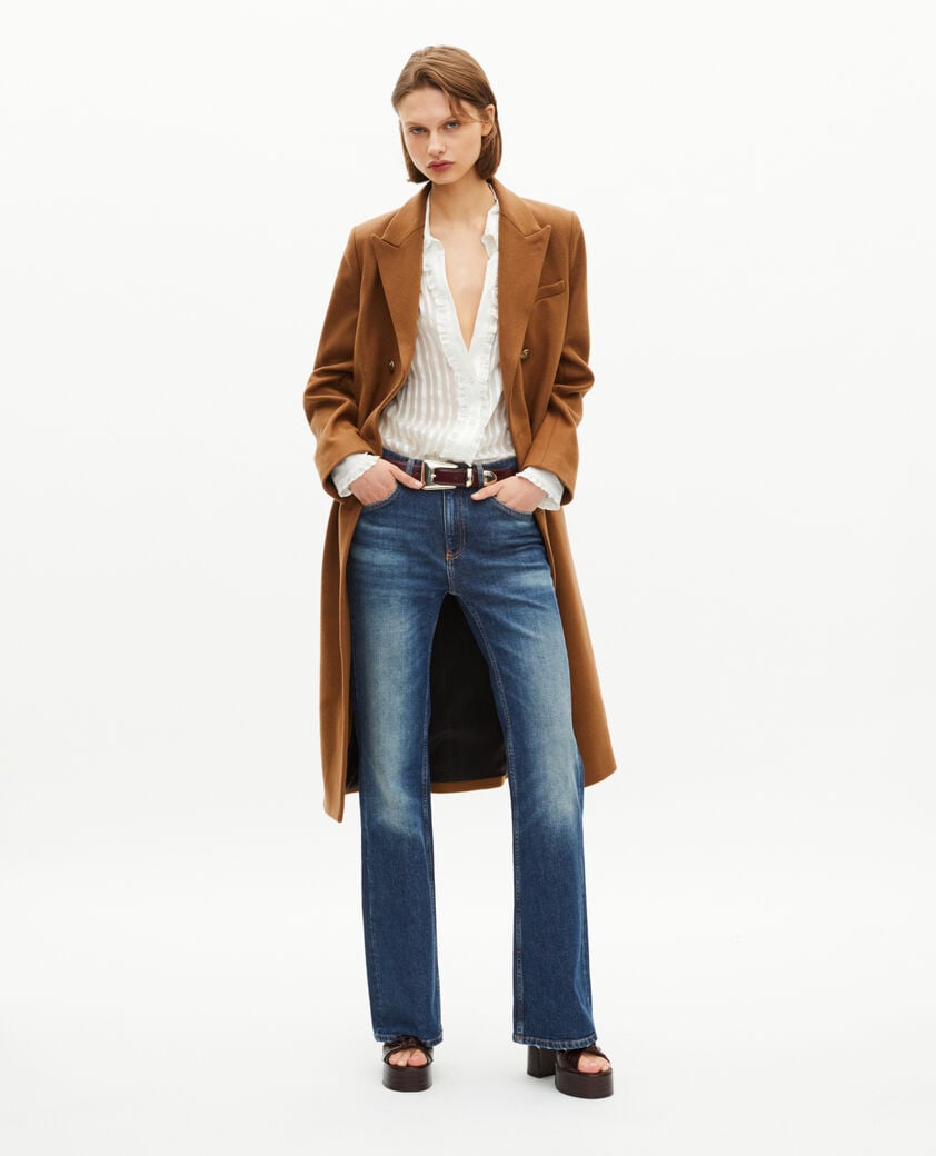 The Kooples FEMME CAMEL MELANGE / BURGUNDY manteau long croisé en laine camel