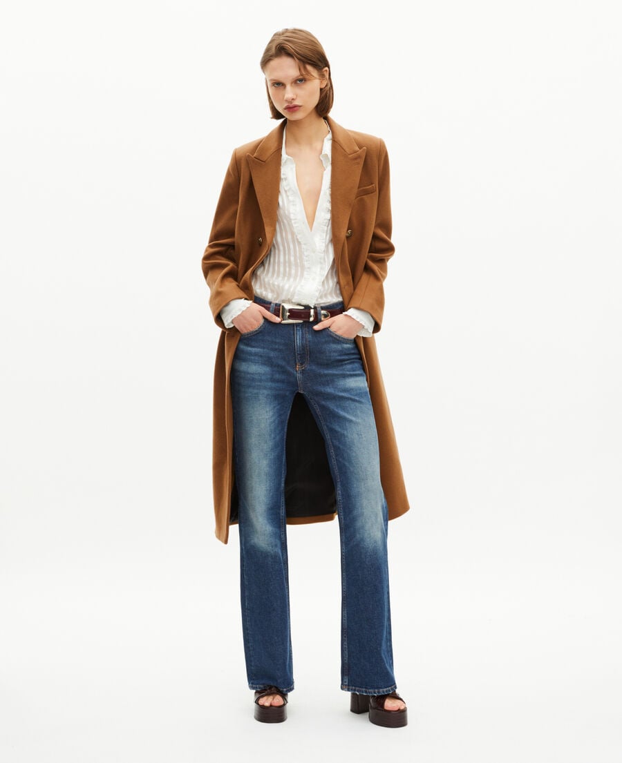 The Kooples FEMME CAMEL MELANGE / BURGUNDY manteau long croisé en laine camel