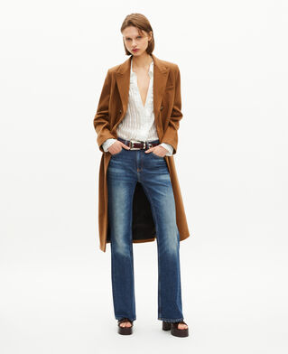 The Kooples FEMME CAMEL MELANGE / BURGUNDY manteau long croisé en laine camel