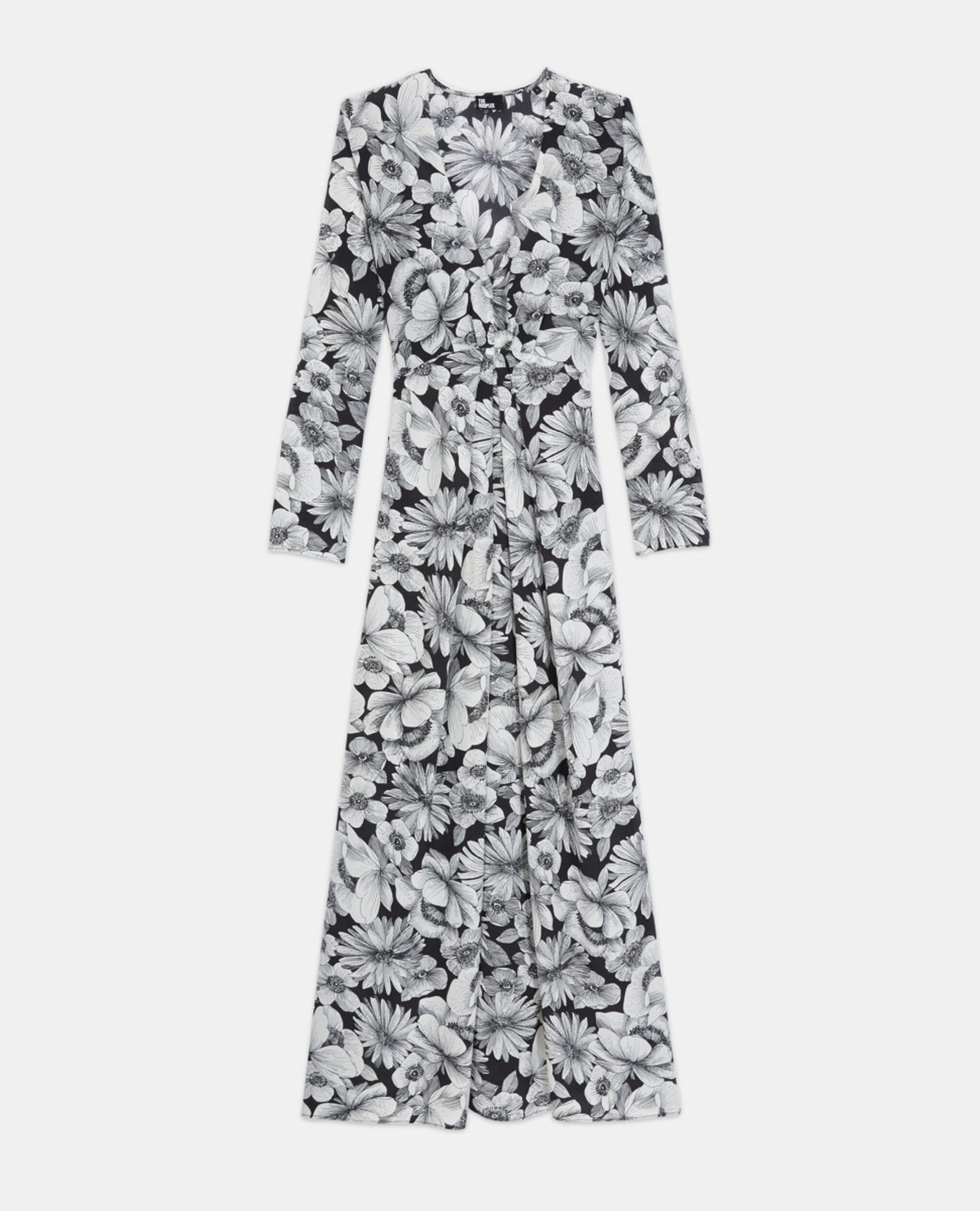 Long floral silk dress, BLACK WHITE, hi-res image number null