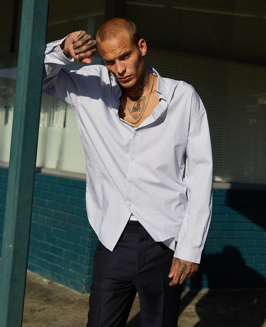 oversized blue and white striped cotton shirt