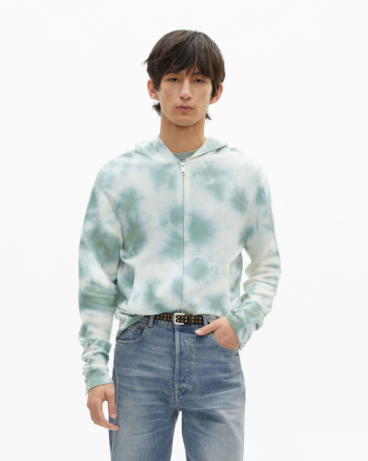 The Kooples HOMME KAKI / WHITE cardigan en laine mérinos tie and dye kaki