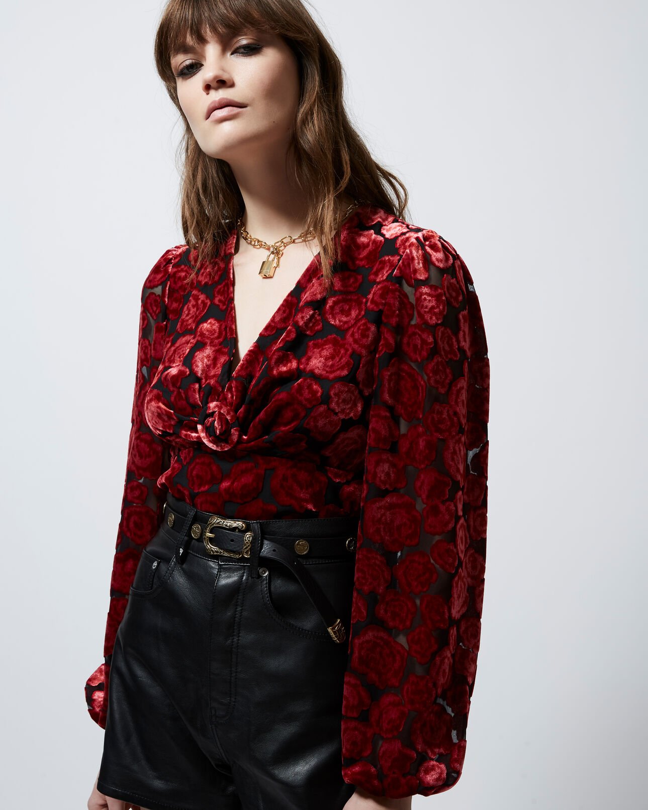 The Kooples FEMME BLACK - RED top rock velours imprimé fleurs