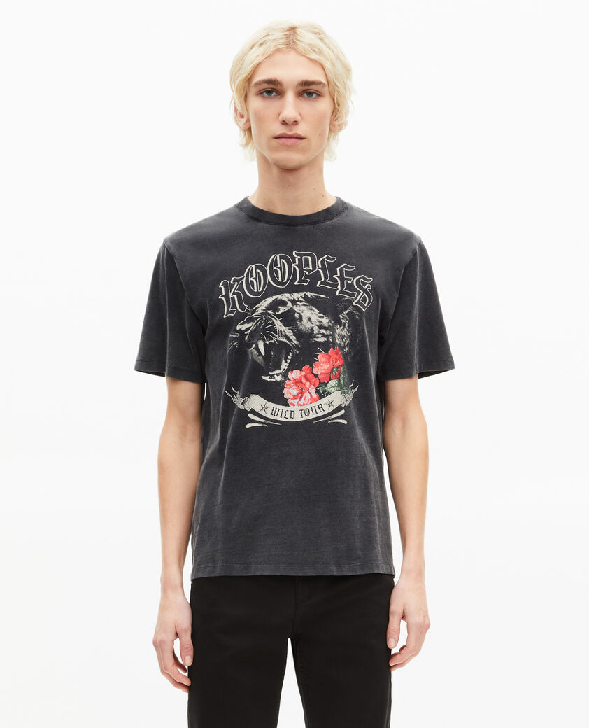 The Kooples HOMME BLACK WASHED t-shirt avec s&eacute;rigraphie panth&egrave;re noir