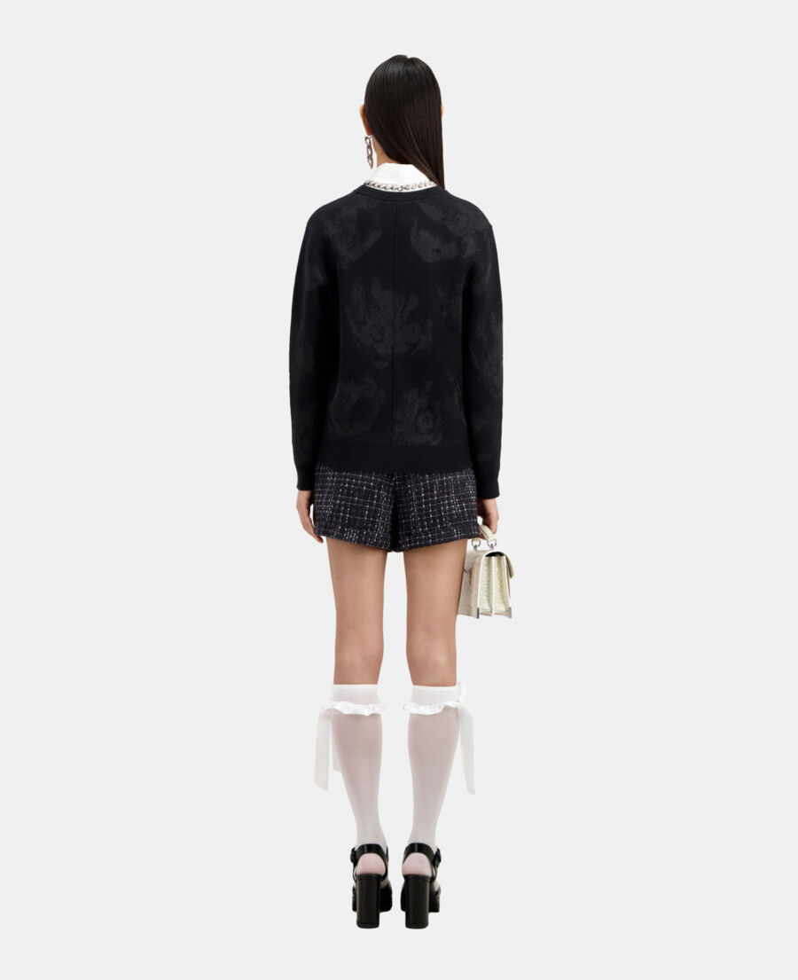 pull noir en laine mélangée avec motifs argentés