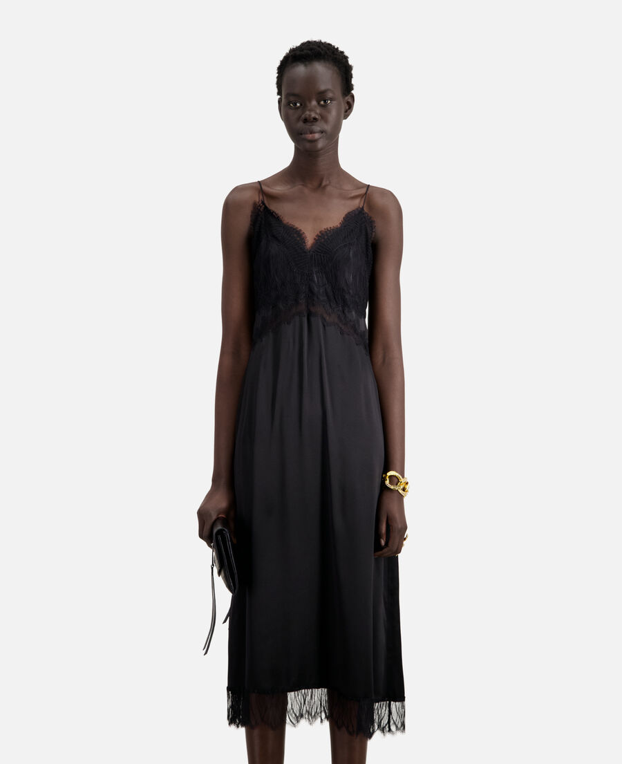 robe nuisette longue en soie noire avec détails en dentelle