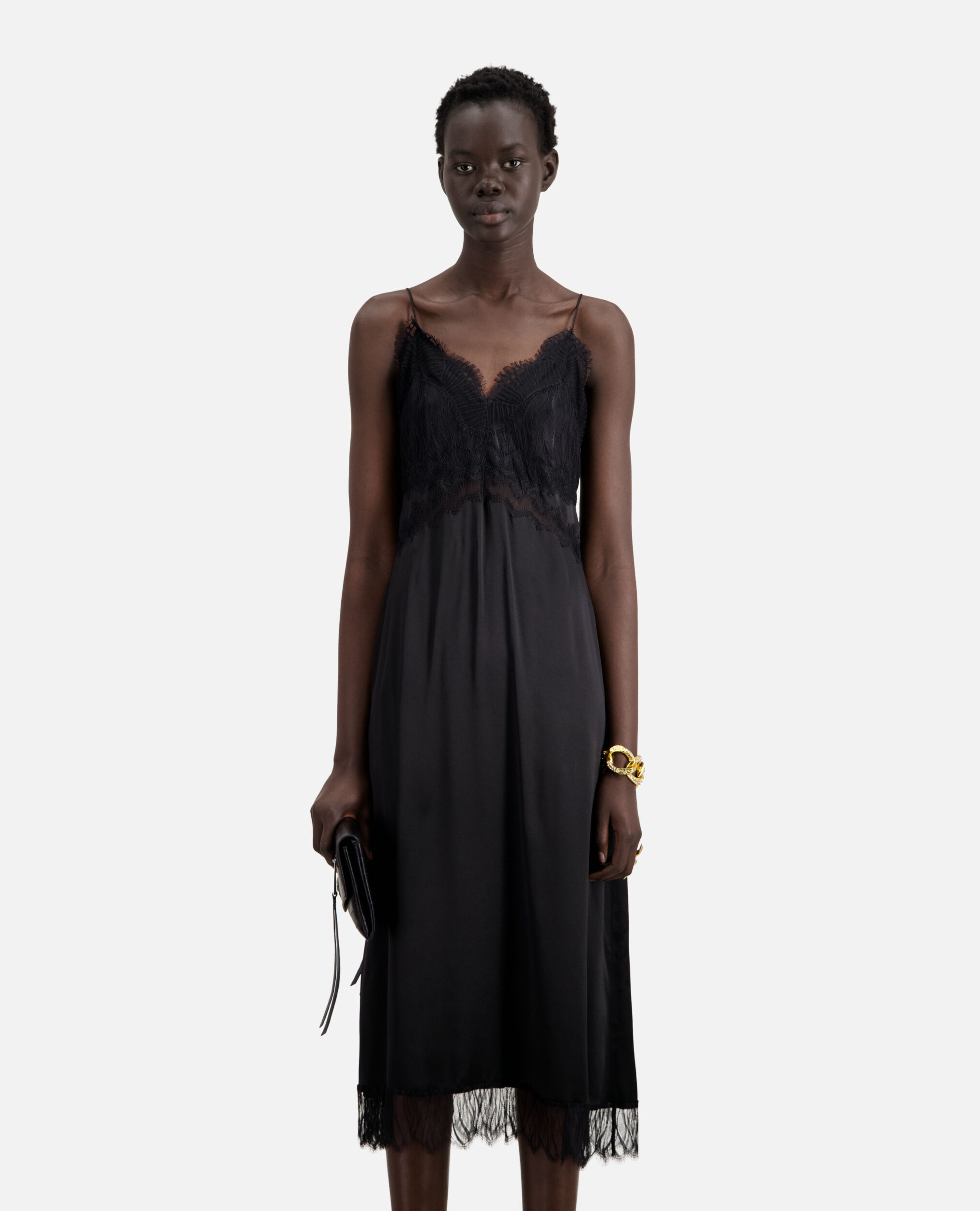 Robe nuisette longue en soie noire avec détails en dentelle, BLACK, hi-res image number null