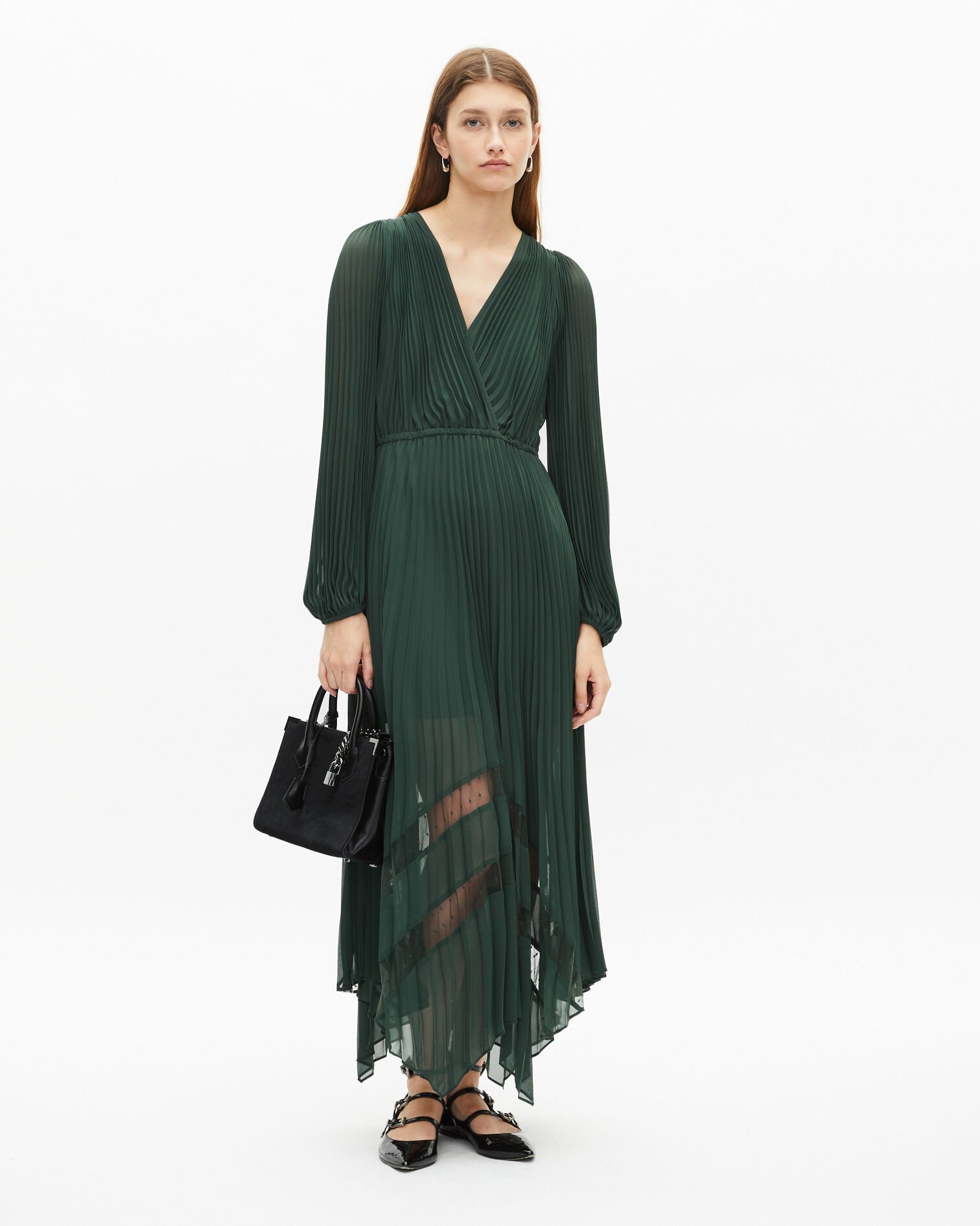Green pleated long dress, WOOD KAKI, hi-res image number null