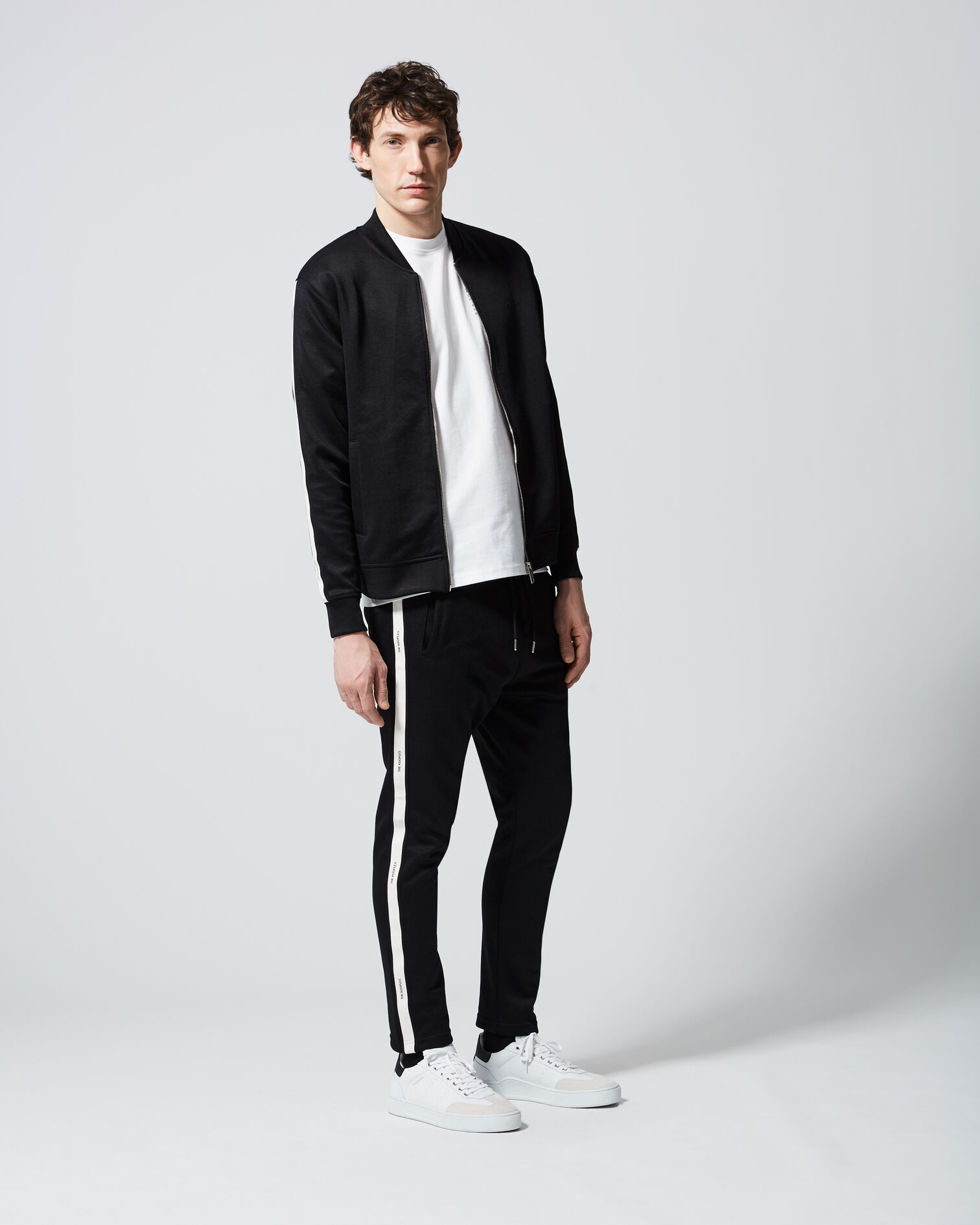 Jogging noir coton bandes effet cuir, BLACK, hi-res image number null