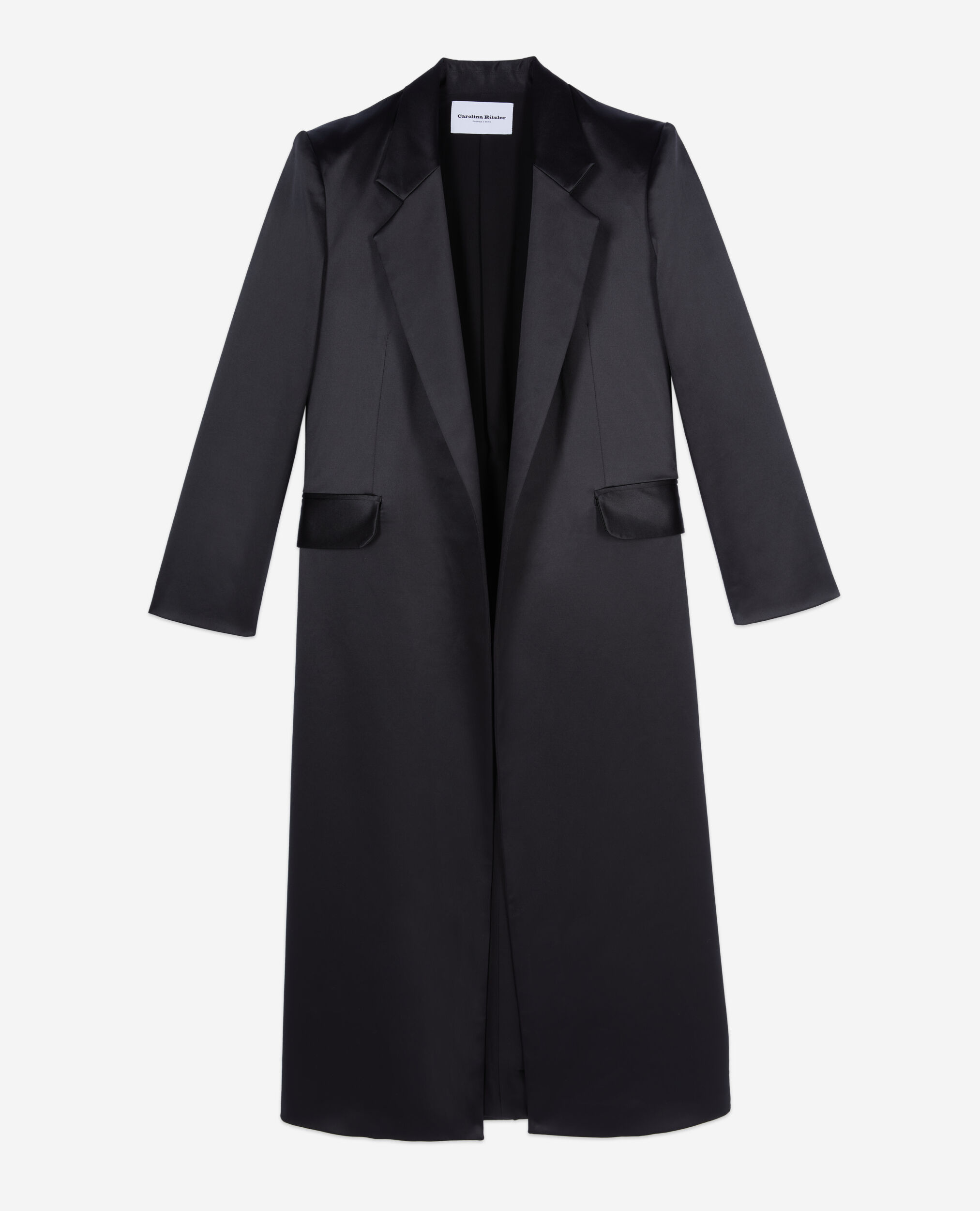 The Kooples x Carolina Ritzler black satin coat, BLACK, hi-res image number null