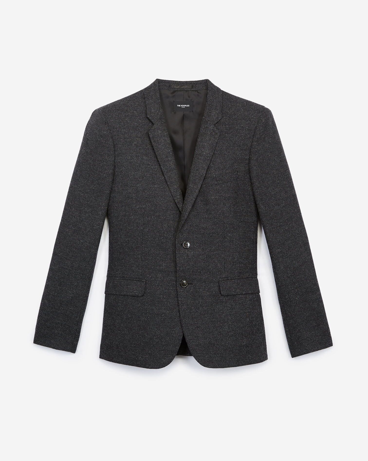 Black wool blazer with herringbone motif, BLACK GREY, hi-res image number null