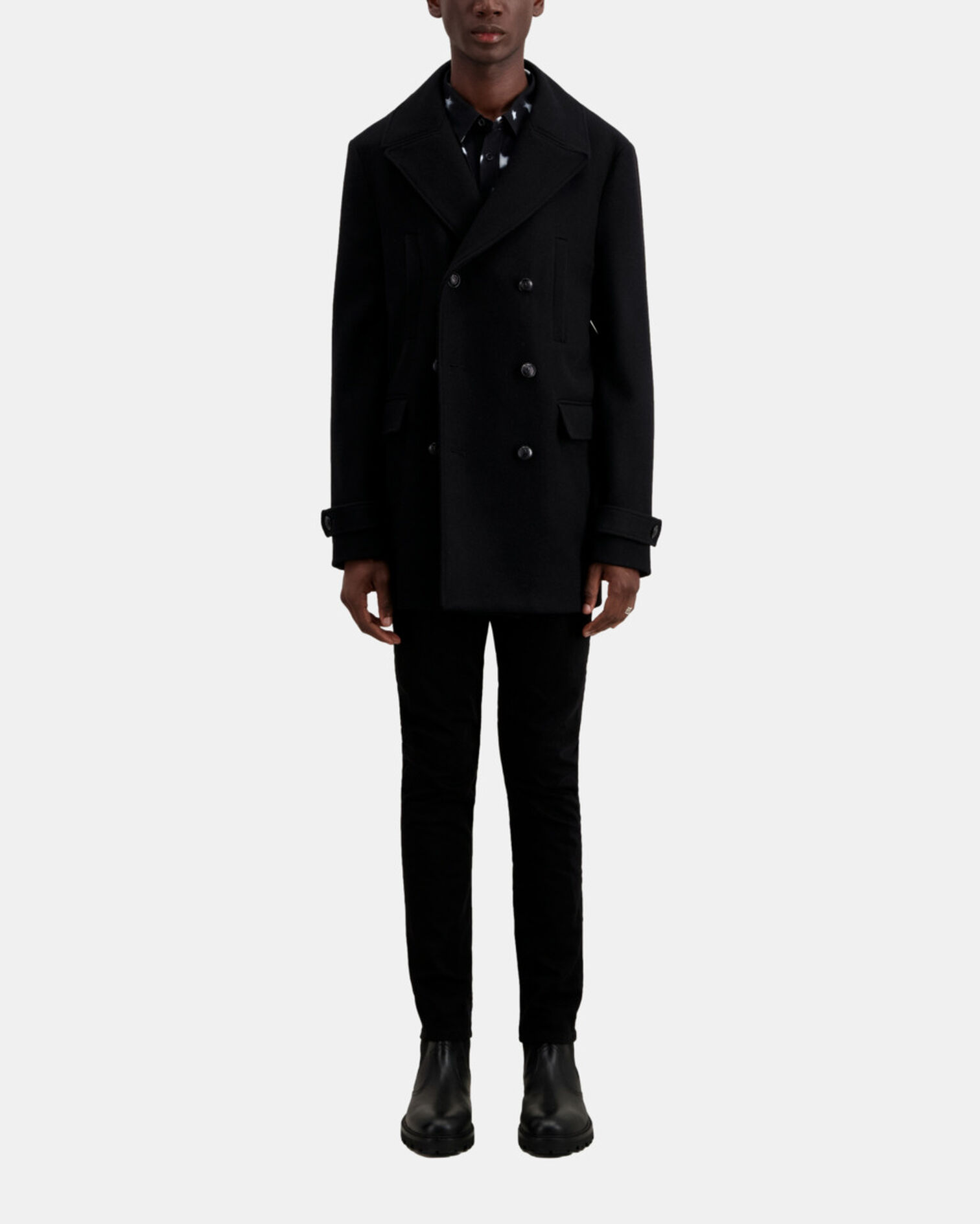 Wool-blend mid-length black pea coat, BLACK, hi-res image number null