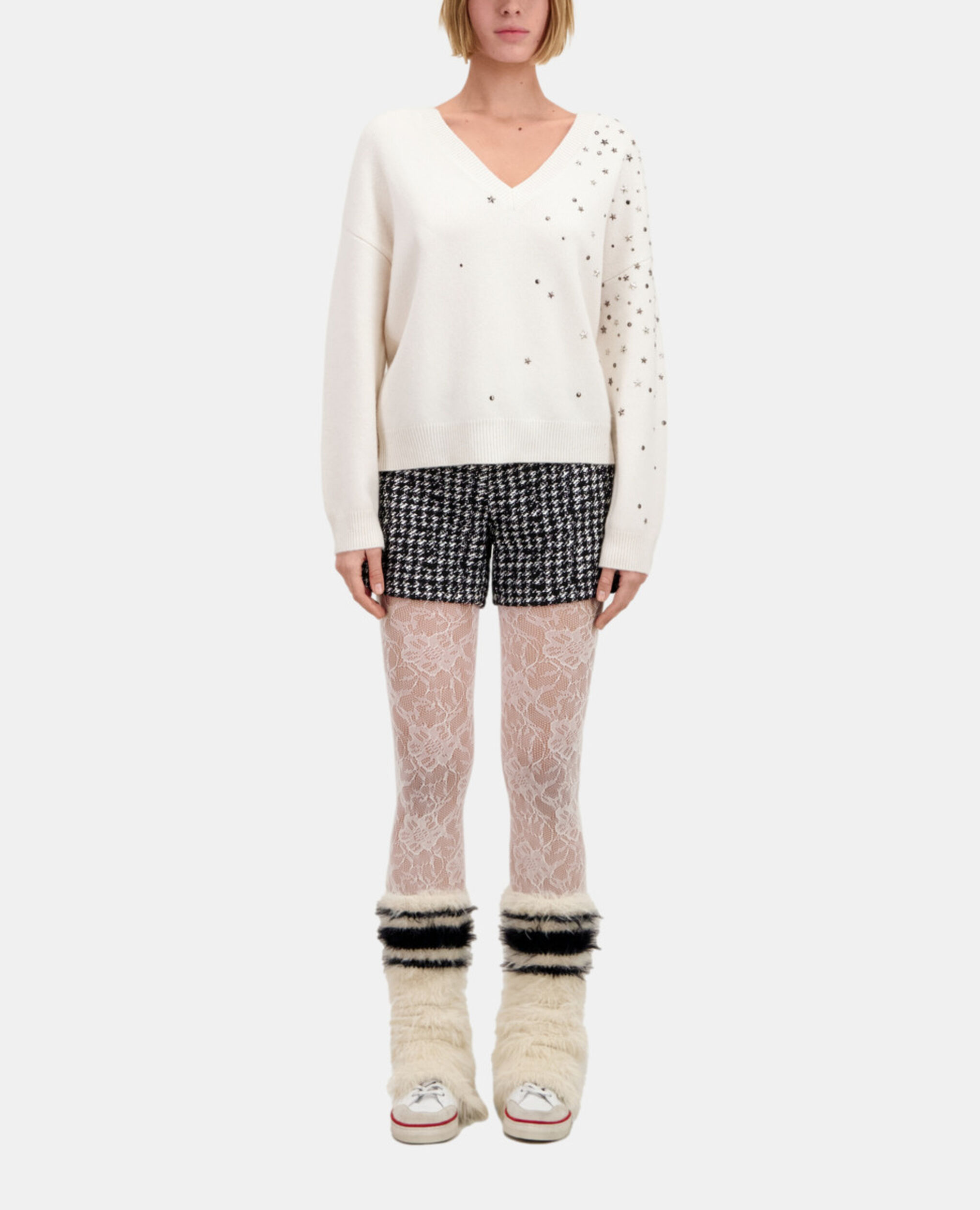 Ecru sweater in cashmere-blend with stars, ECRU, hi-res image number null