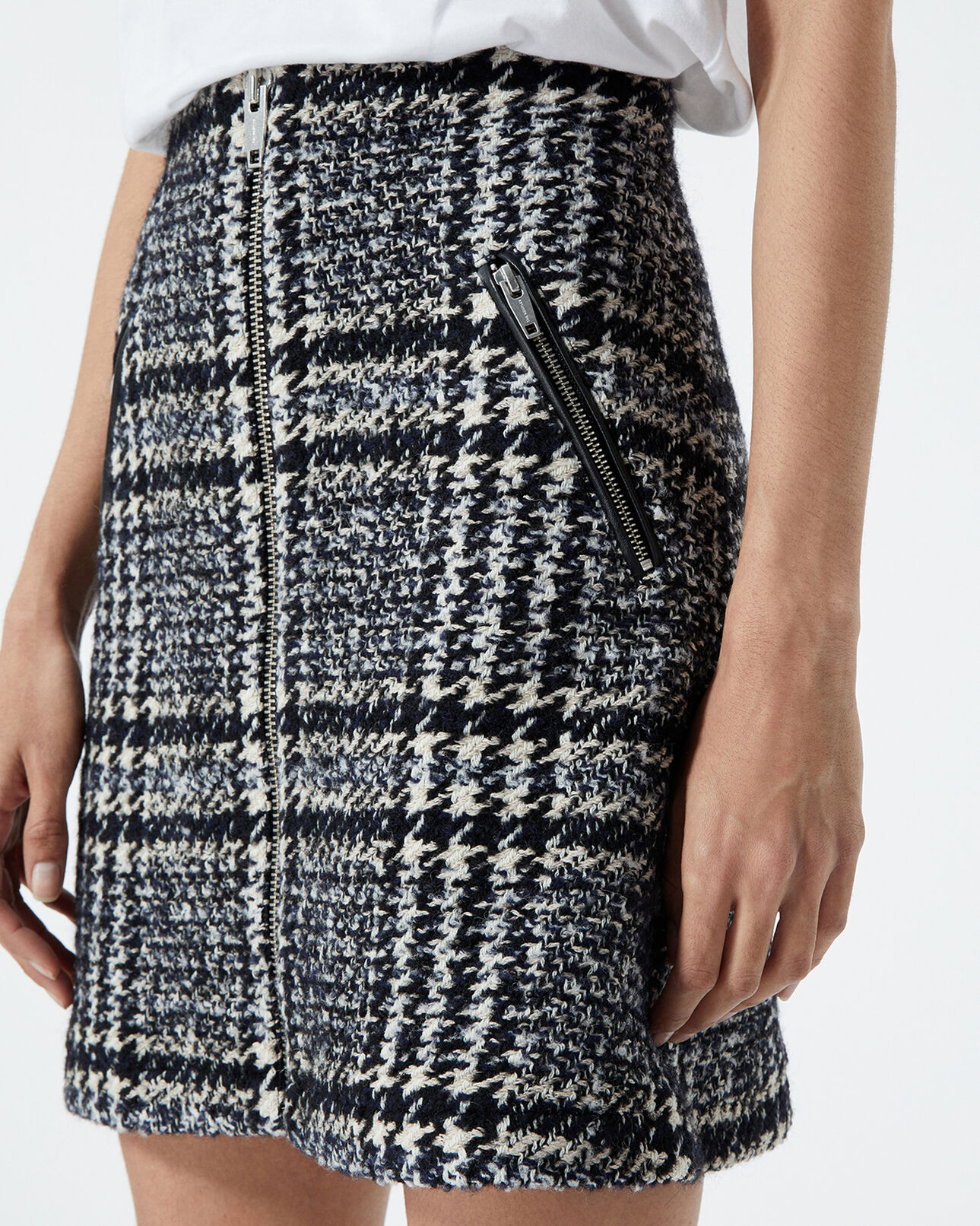 The Kooples WOMEN DARK NAVY short blue tweed skirt with leather detail