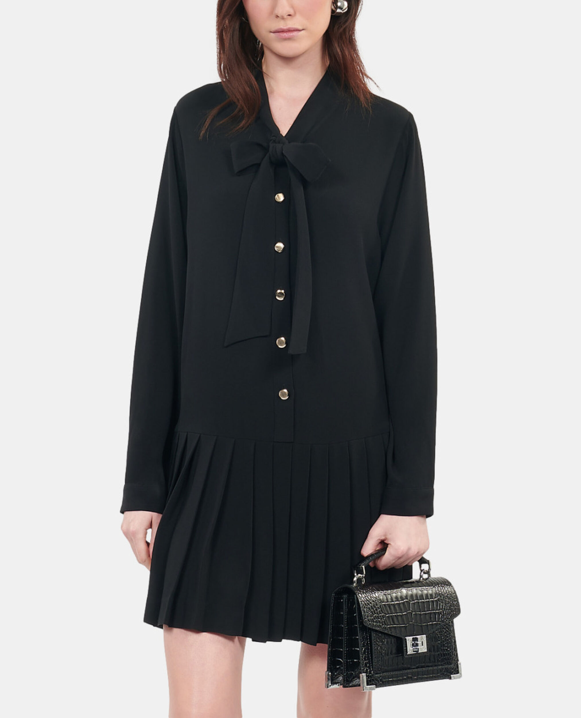 Short black dress with pleating, BLACK, hi-res image number null