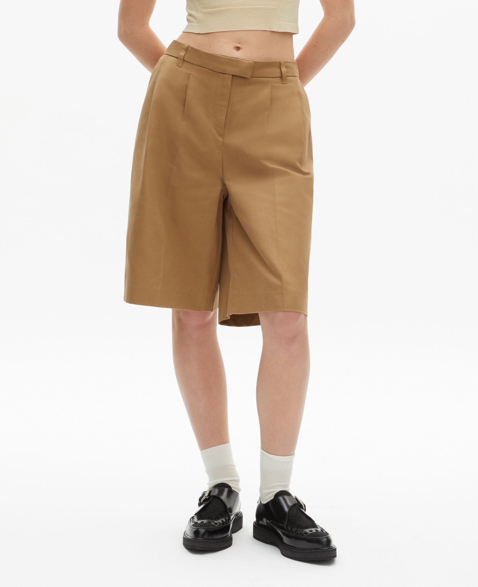 The Kooples WOMEN BROWN camel cotton and linen bermuda shorts