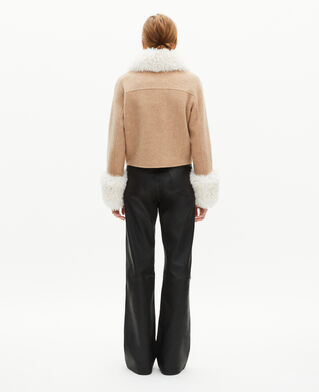 The Kooples WOMEN BEIGE LINEN beige sherpa collar jacket