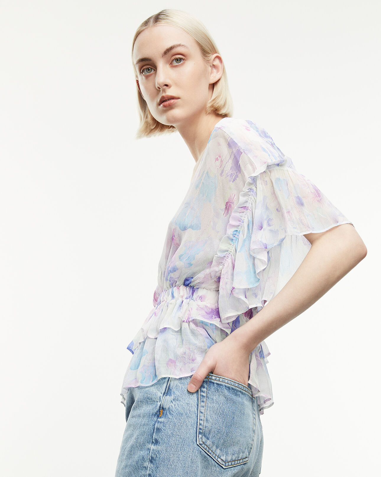 The Kooples WOMEN WHITE / LAVENDER printed top with shoulder straps