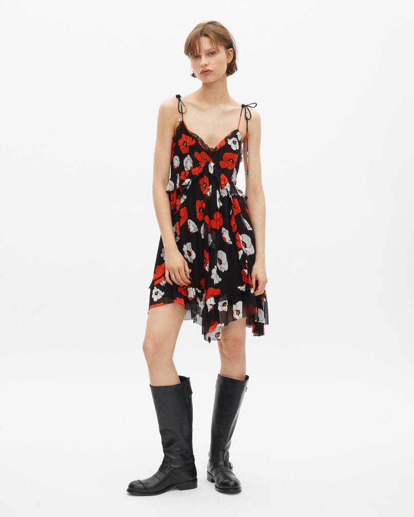 The Kooples FEMME BLACK RED OFF WHITE robe courte imprimé fleuri noire
