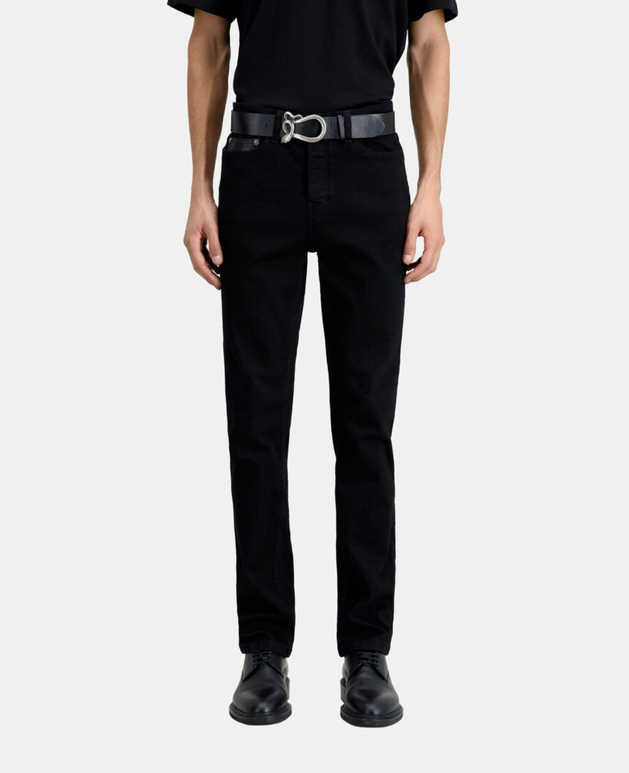 schwarze slim-jeans mit tasche aus leder