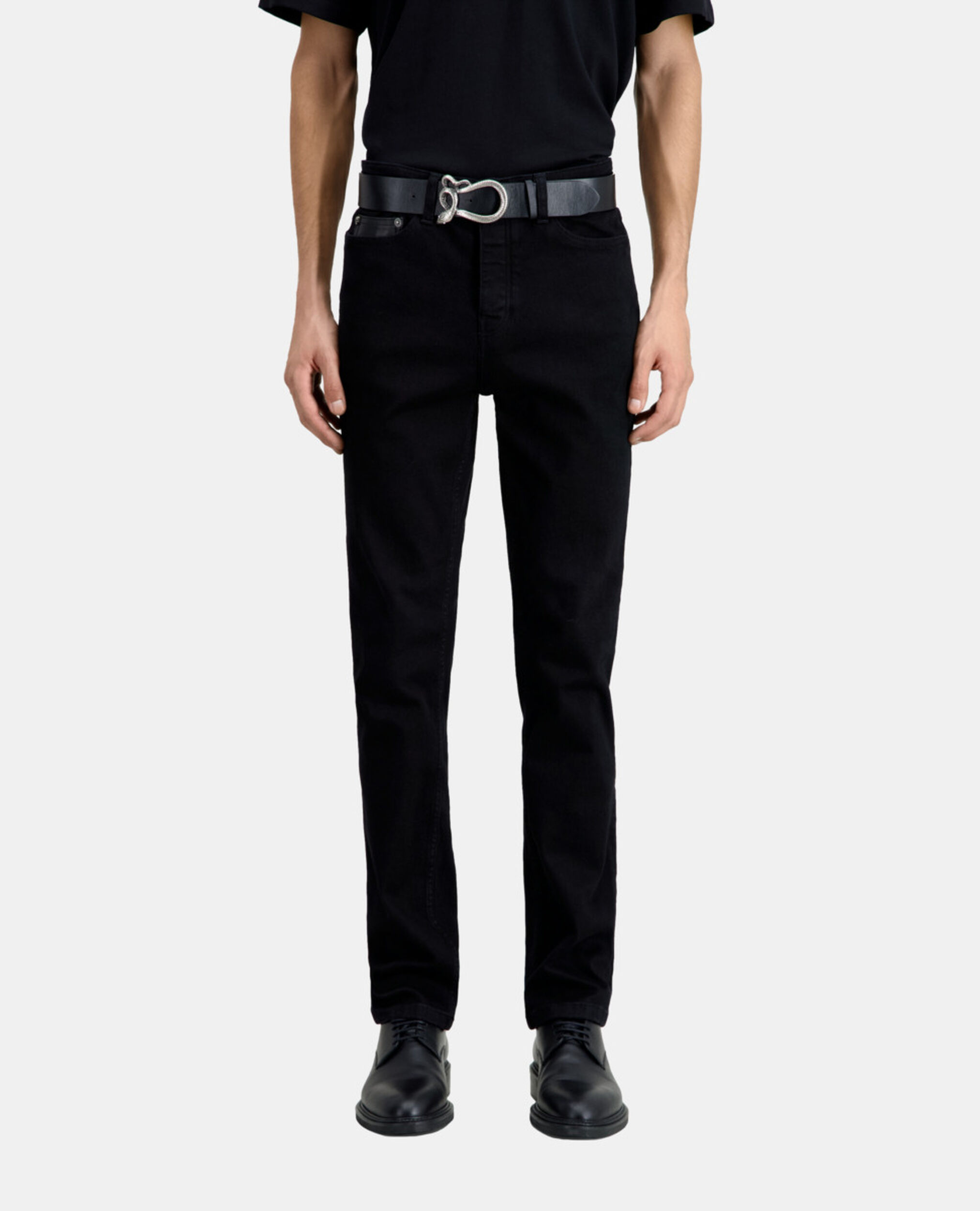Schwarze Slim-Jeans mit Tasche aus Leder, BLACK, hi-res image number null