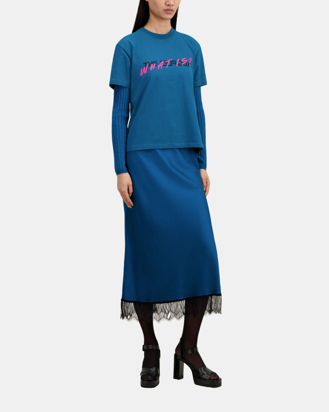 The Kooples DAMEN MEDIUM BLUE blaues t-shirt mit what is-schriftzug