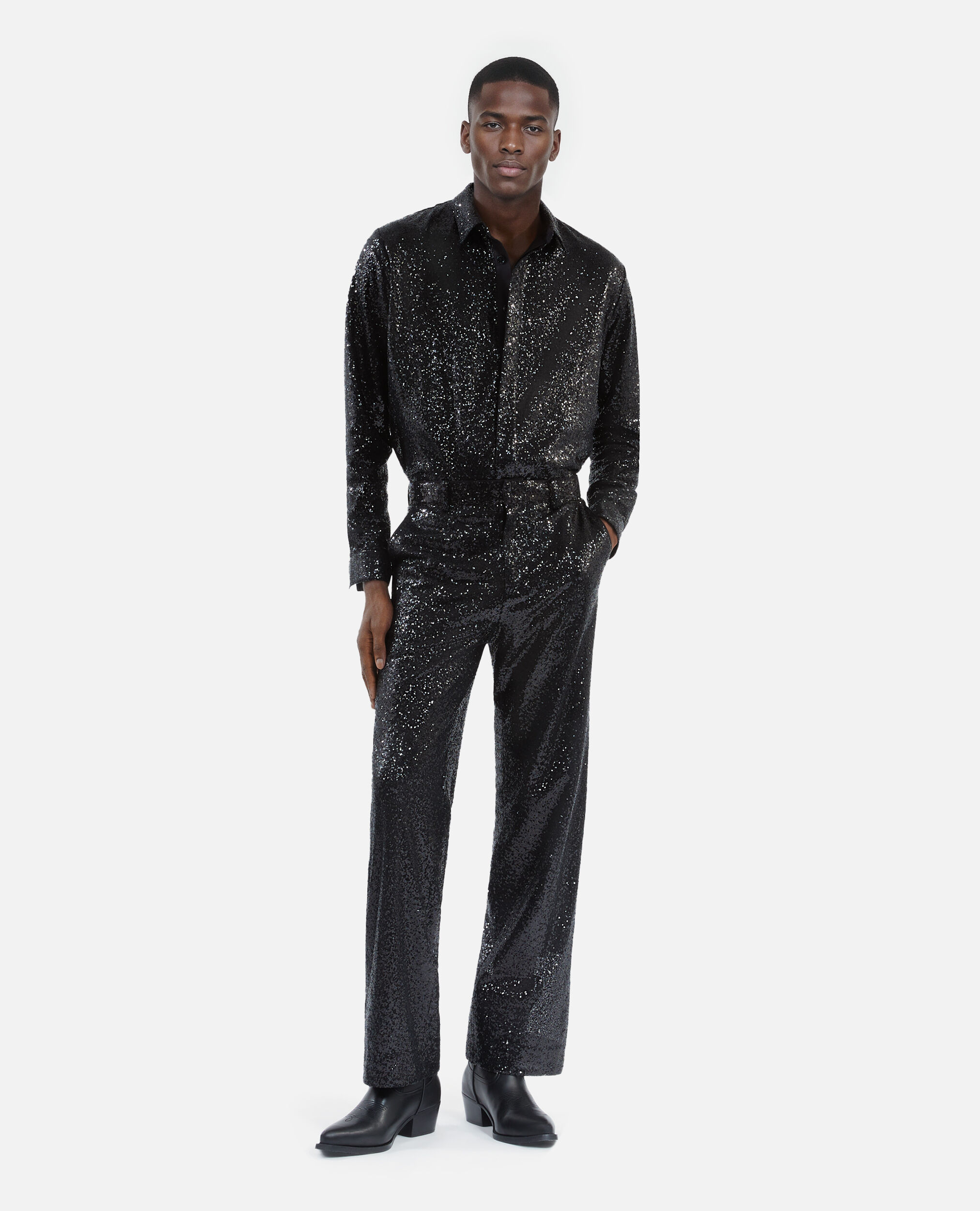 Straight-cut black sequin pants, BLACK, hi-res image number null