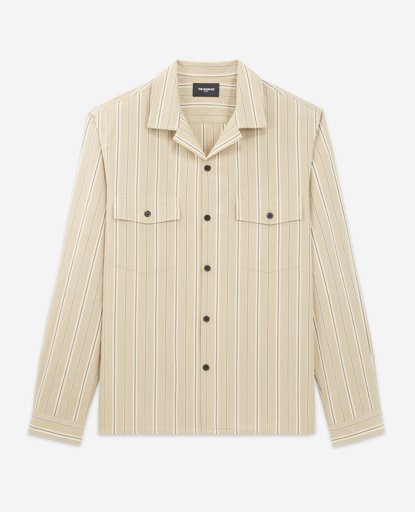 The Kooples HOMME CAMEL / BLACK chemise col hawaïen beige à rayures