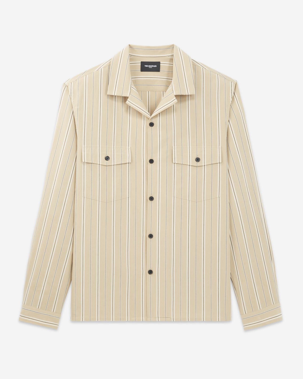 The Kooples HOMME CAMEL / BLACK chemise col hawaïen beige à rayures
