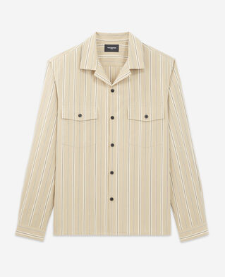 The Kooples HOMME CAMEL / BLACK chemise col hawaïen beige à rayures