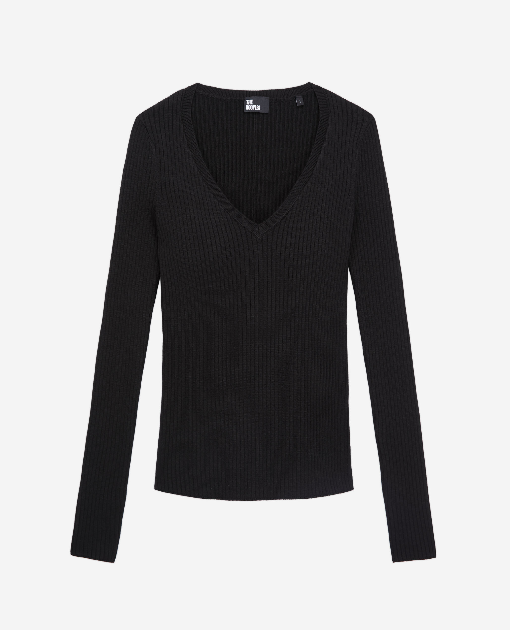 Black ribbed fine knit sweater, BLACK, hi-res image number null