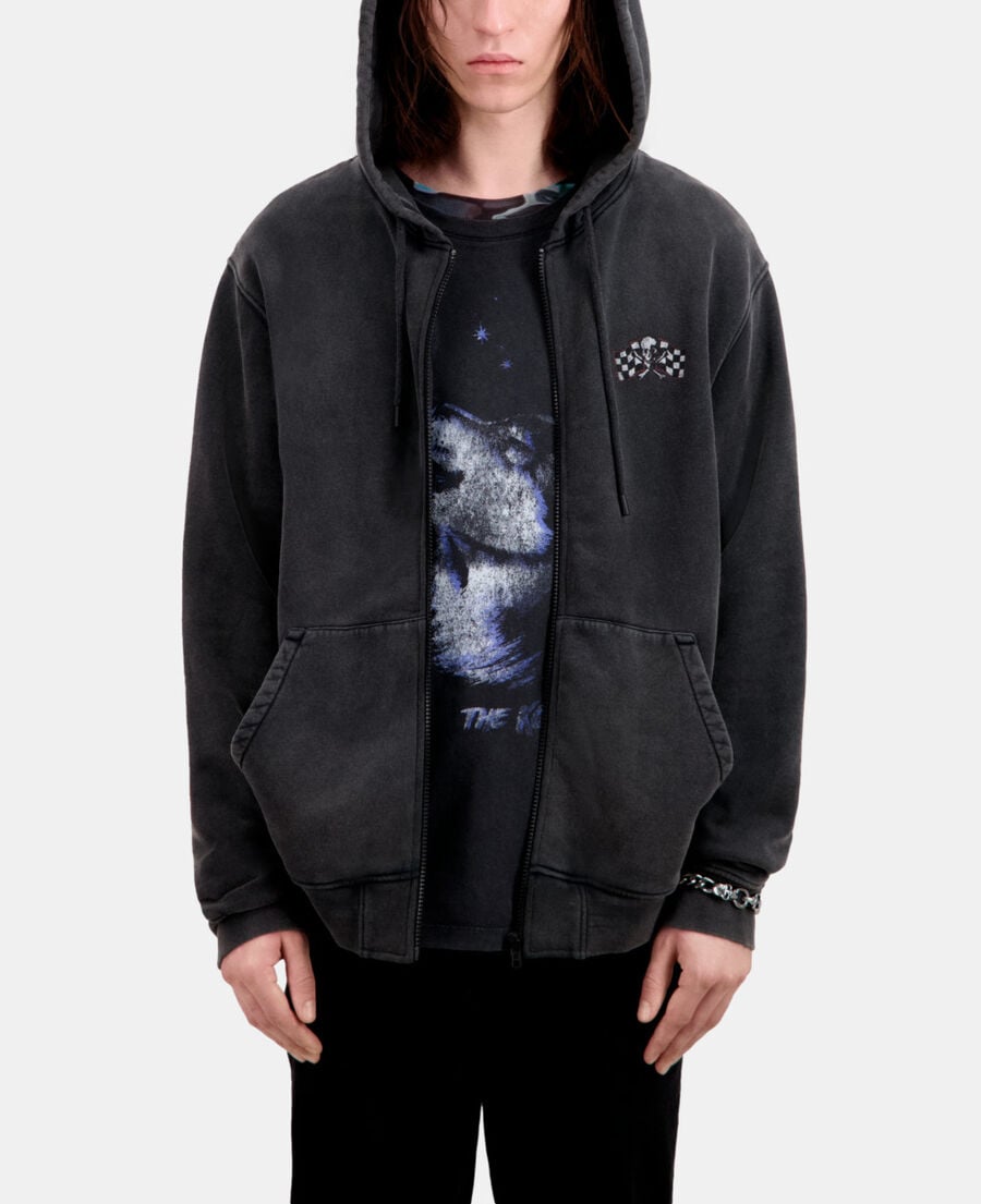 The Kooples HERREN BLACK WASHED herren schwarzes kapuzensweatshirt mit siebdruck