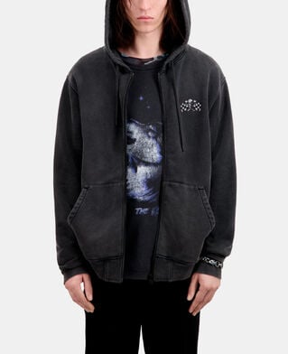 The Kooples HERREN BLACK WASHED herren schwarzes kapuzensweatshirt mit siebdruck