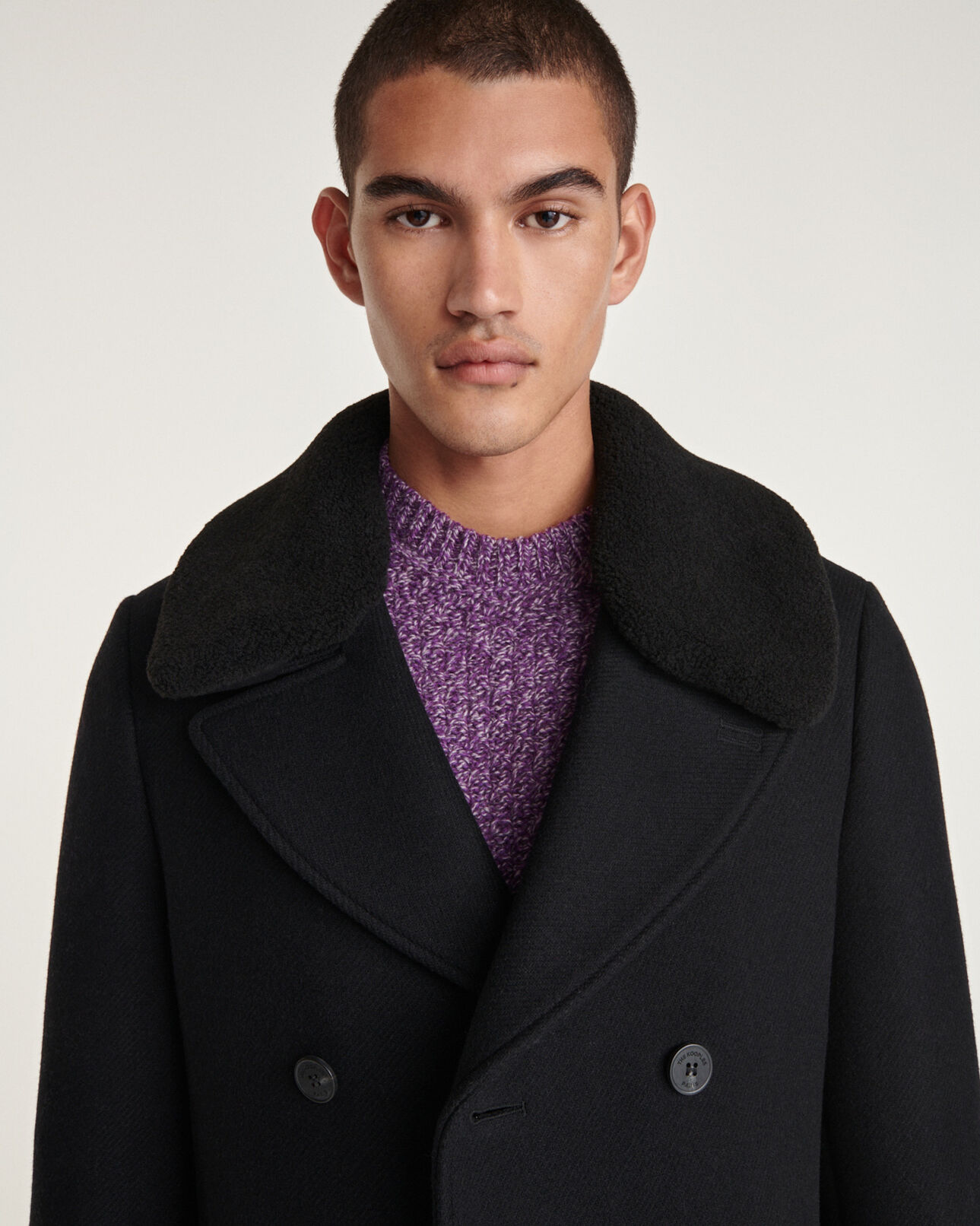The Kooples HOMME BLACK manteau laine noire long à col mouton