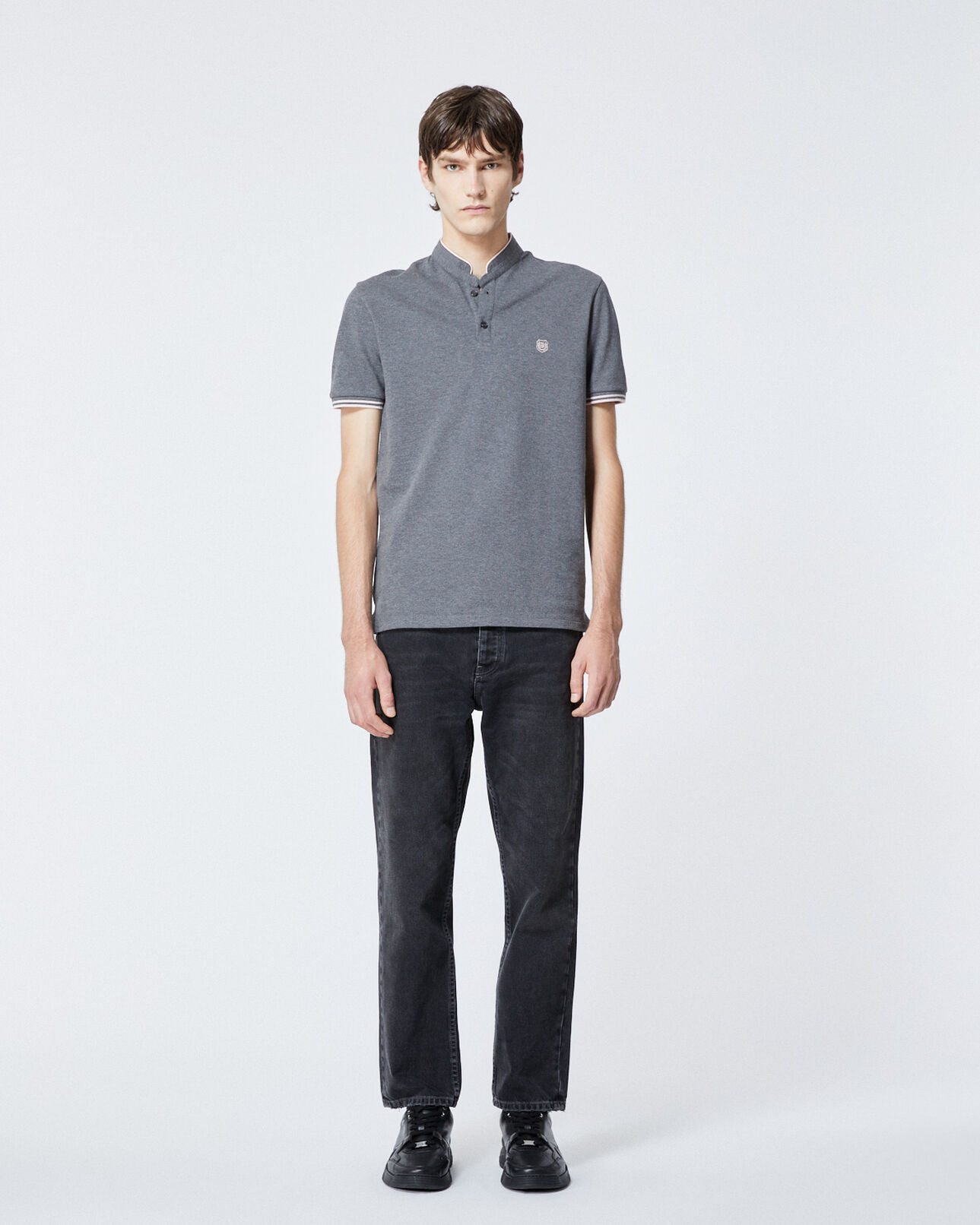 The Kooples HERREN MEDGREY MEL / LOTUS PINK grau meliertes baumwoll-poloshirt mit paspel