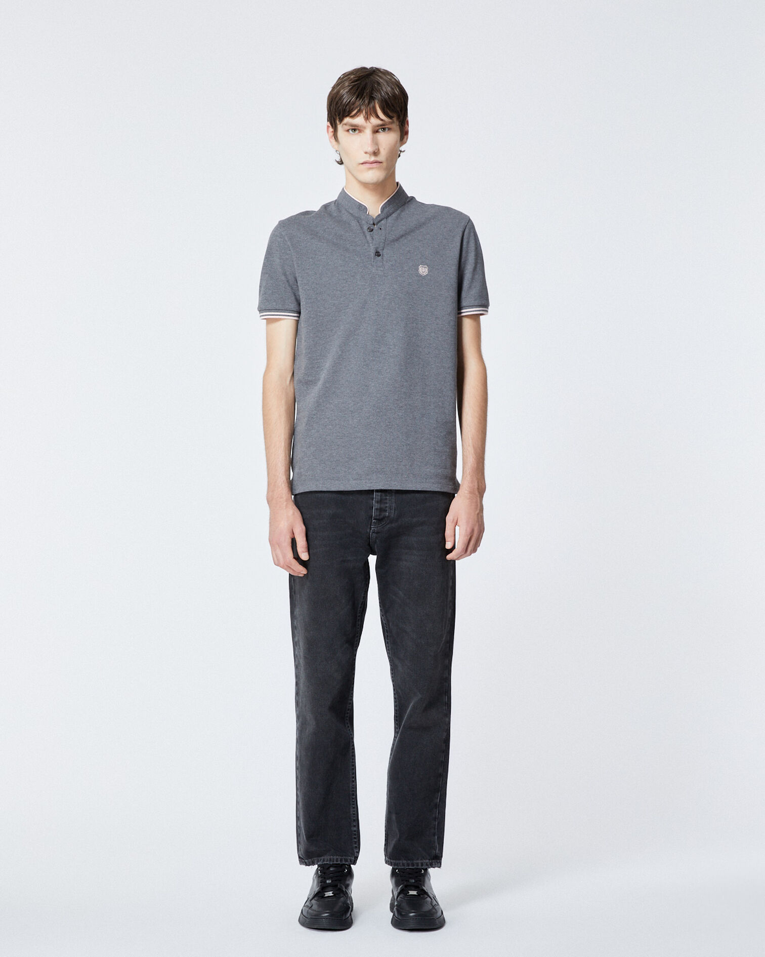 Grau meliertes Baumwoll-Poloshirt mit Paspel, MEDGREY MEL / LOTUS PINK, hi-res image number null