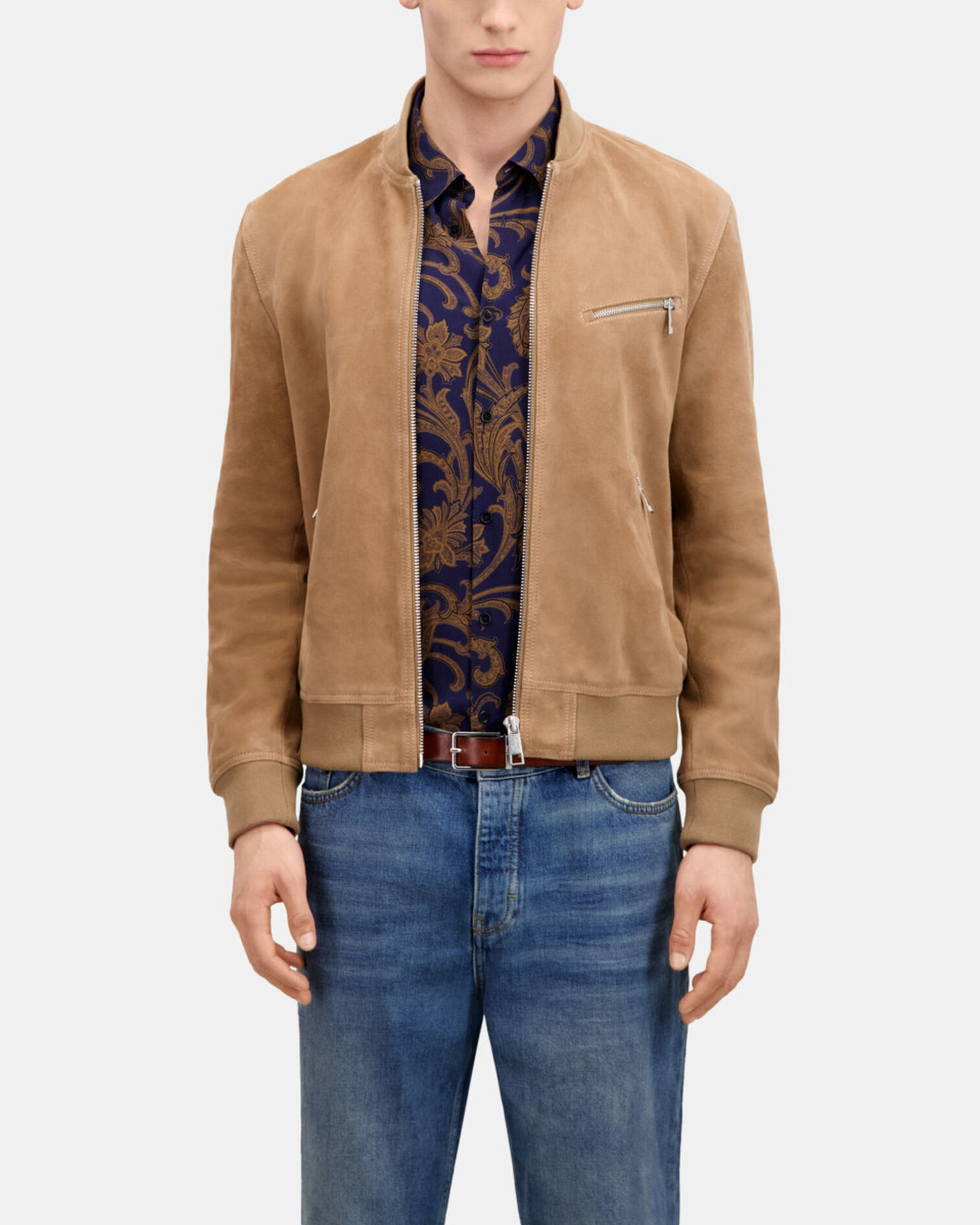 Blouson avec zip en cuir suède beige, BEIGE, hi-res image number null