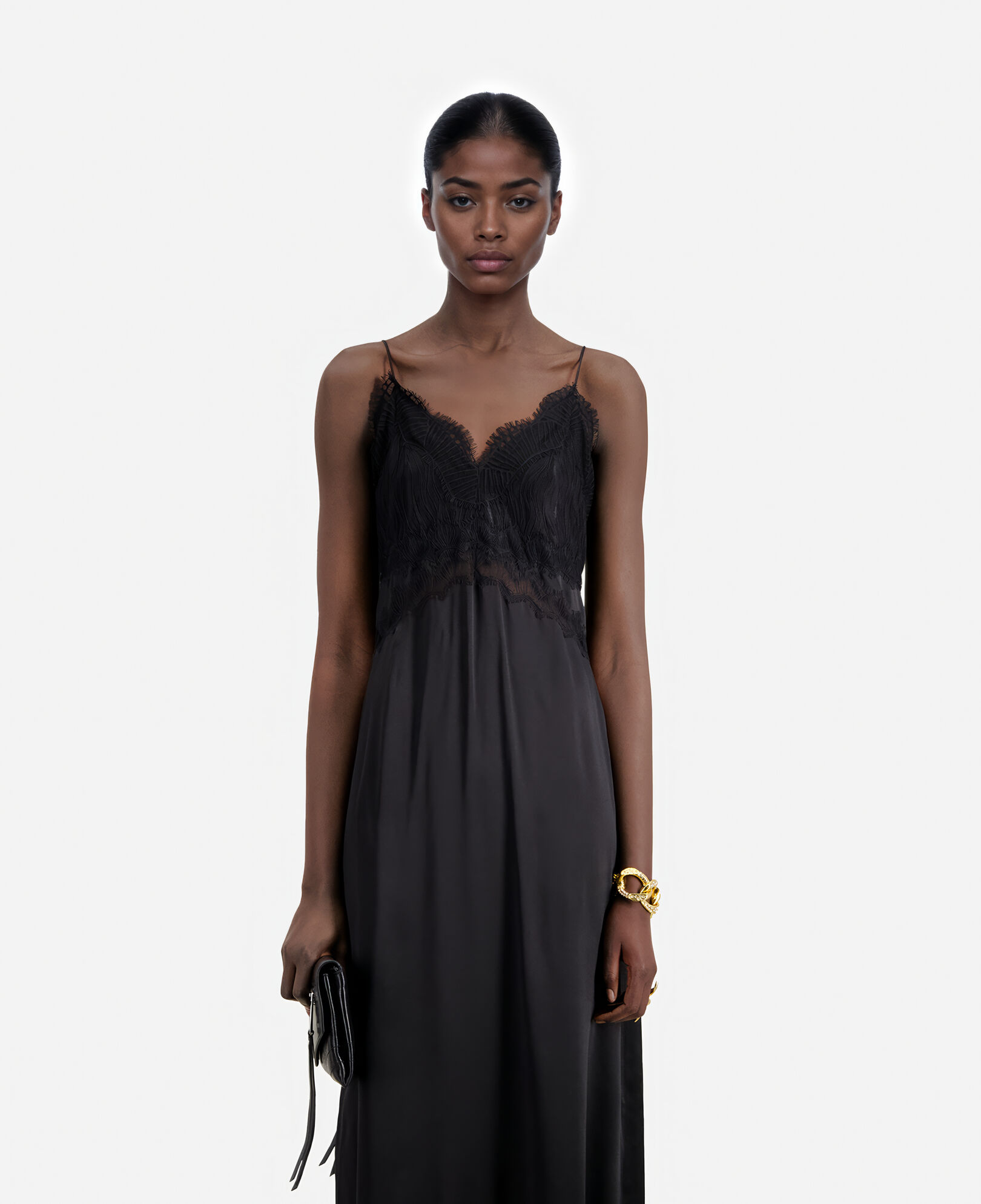 The Kooples MUJER BLACK vestido lencero largo seda negro encaje