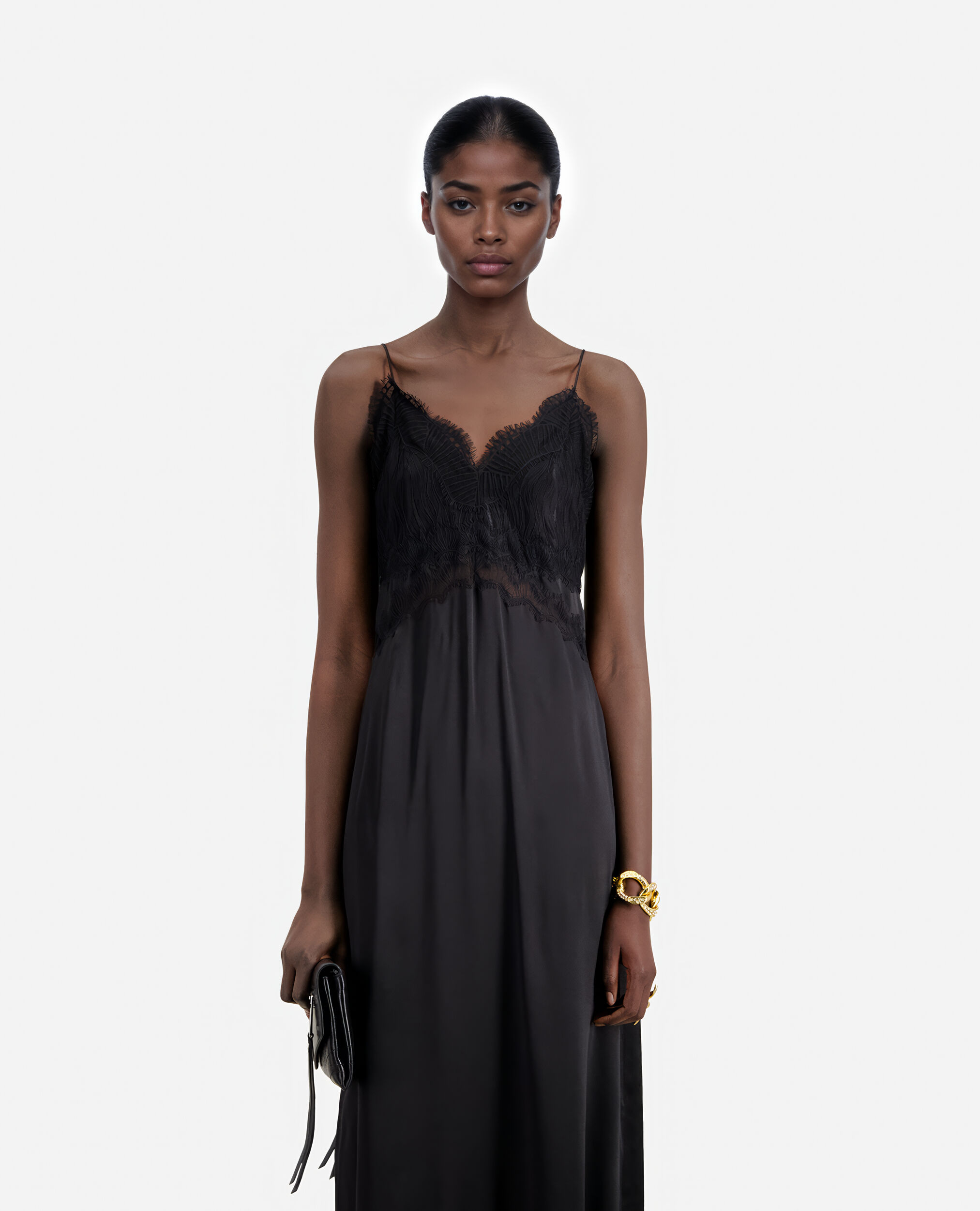 Vestido lencero largo seda negro encaje, BLACK, hi-res image number null