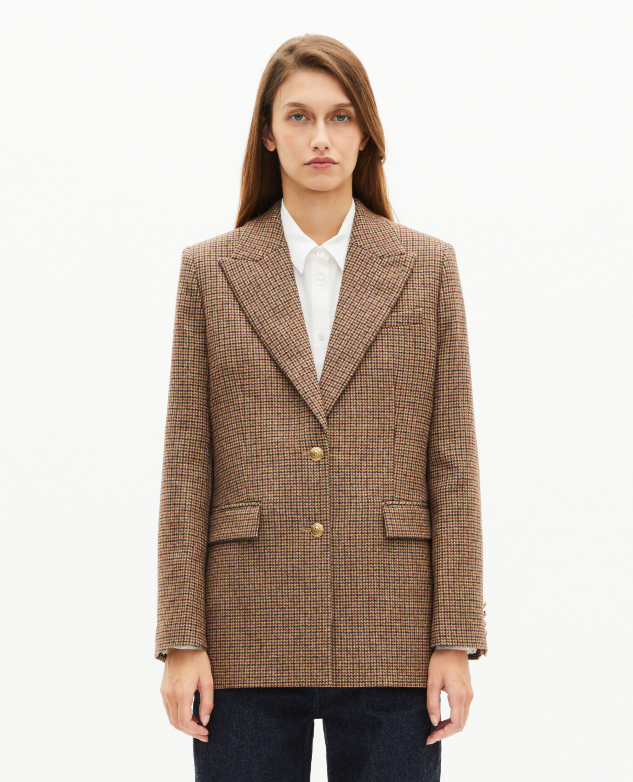 Camel houndstooth tailored jacket, CAMEL MELANGE / BURGUNDY, hi-res image number null