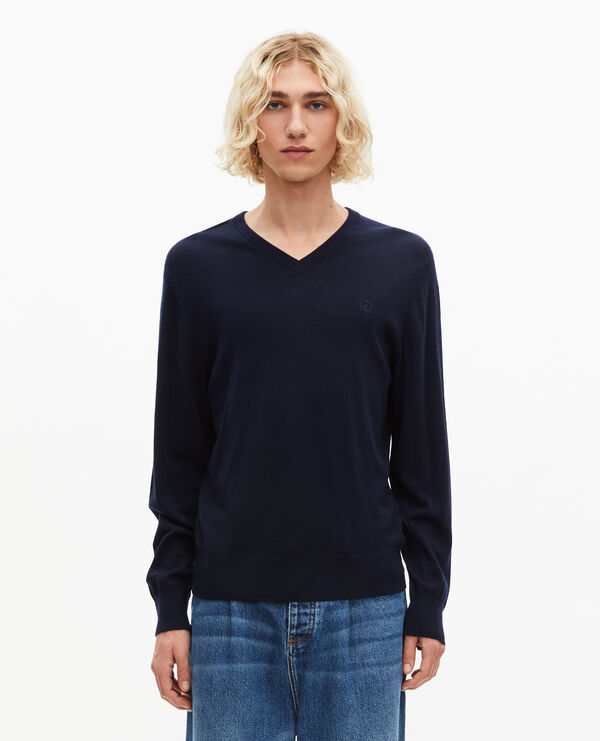 The Kooples H NAVY v-neck sweater in navy merino wool