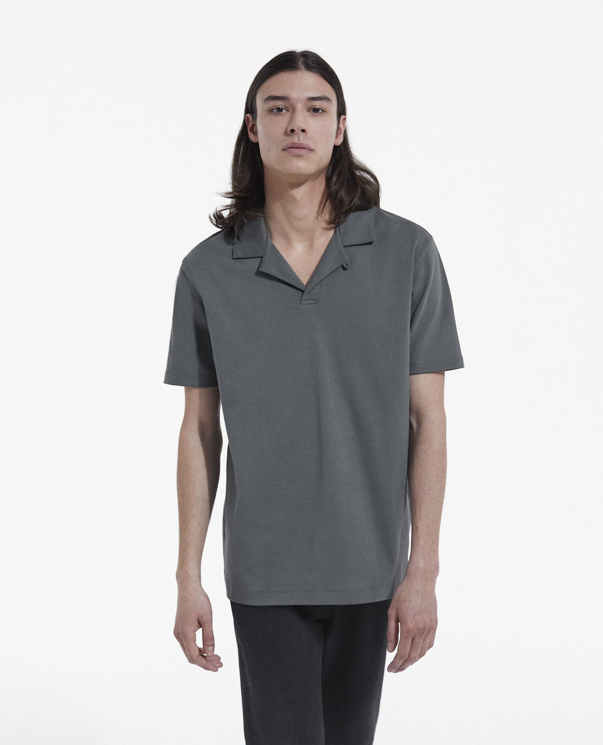 Gray short-sleeved polo with Cuban collar, GREY, hi-res image number null